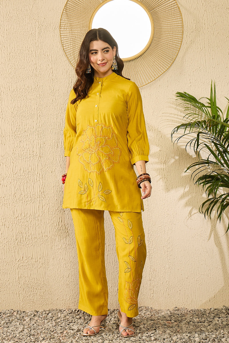 Mustard Silk Blend Solid Embroidered Regular Coord Sets | SHOBITAM