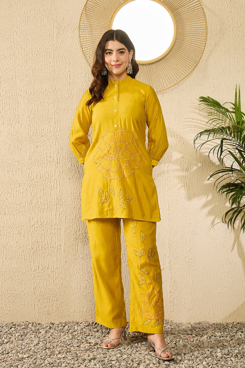 Mustard Silk Blend Solid Embroidered Regular Coord Sets | SHOBITAM