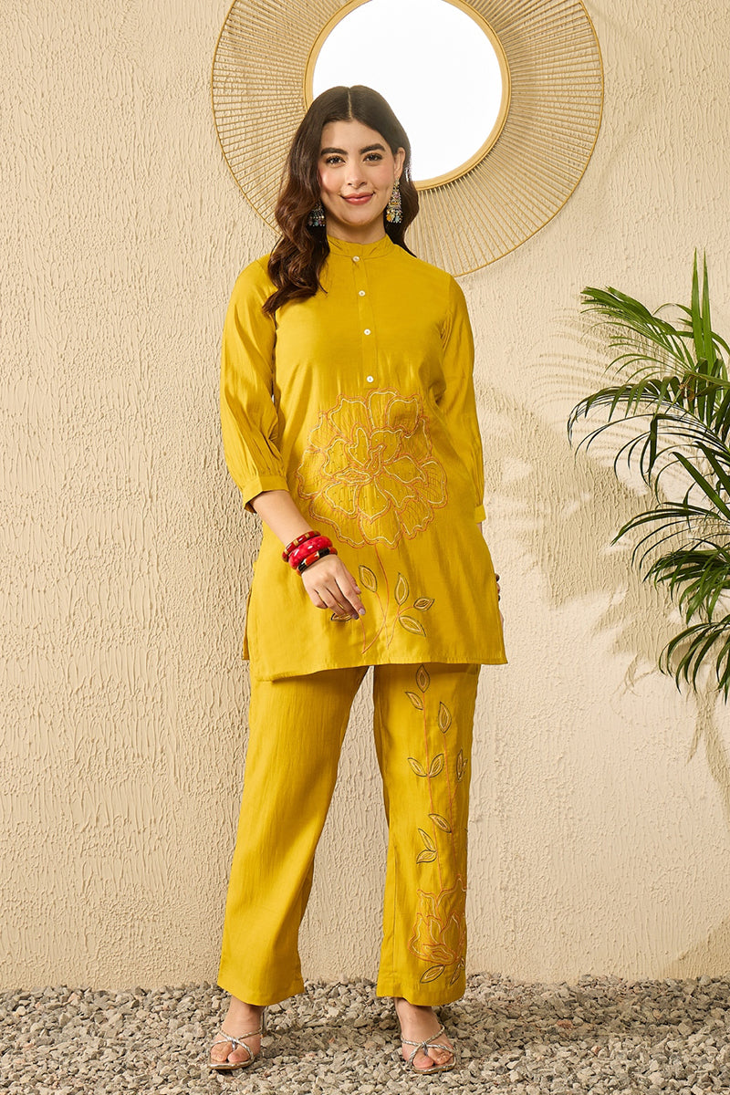 Mustard Silk Blend Solid Embroidered Regular Coord Sets | SHOBITAM