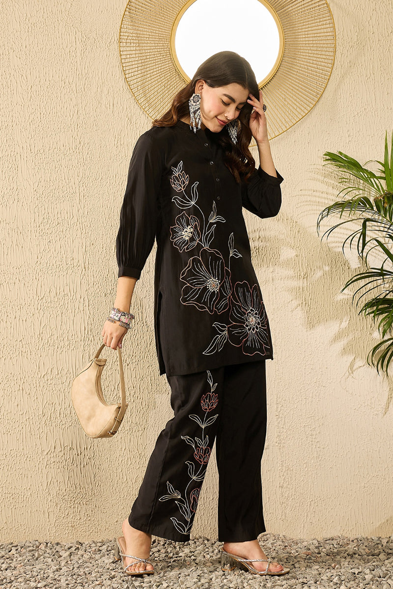 Black Silk Blend Solid Embroidered Coord Sets | SHOBITAM