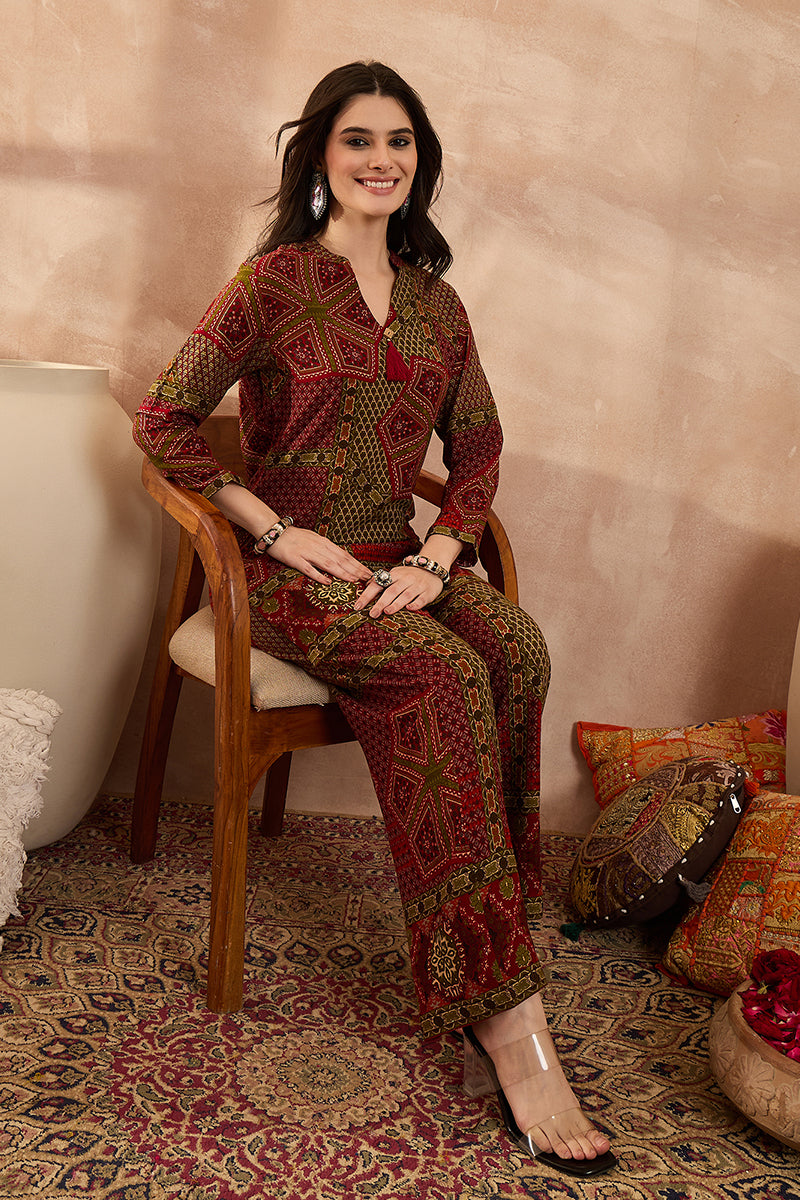 Red Viscose Rayon Printed Straight Coord Sets | SHOBITAM