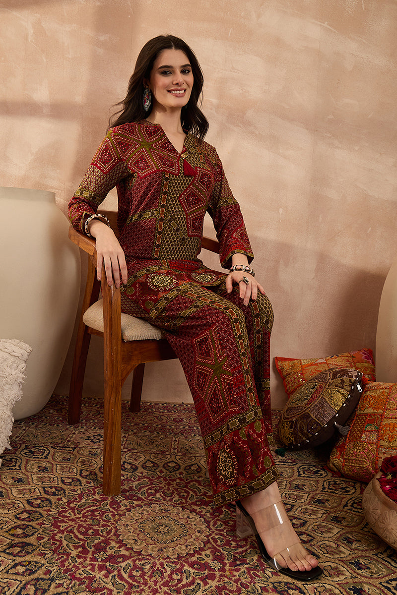 Red Viscose Rayon Printed Straight Coord Sets | SHOBITAM