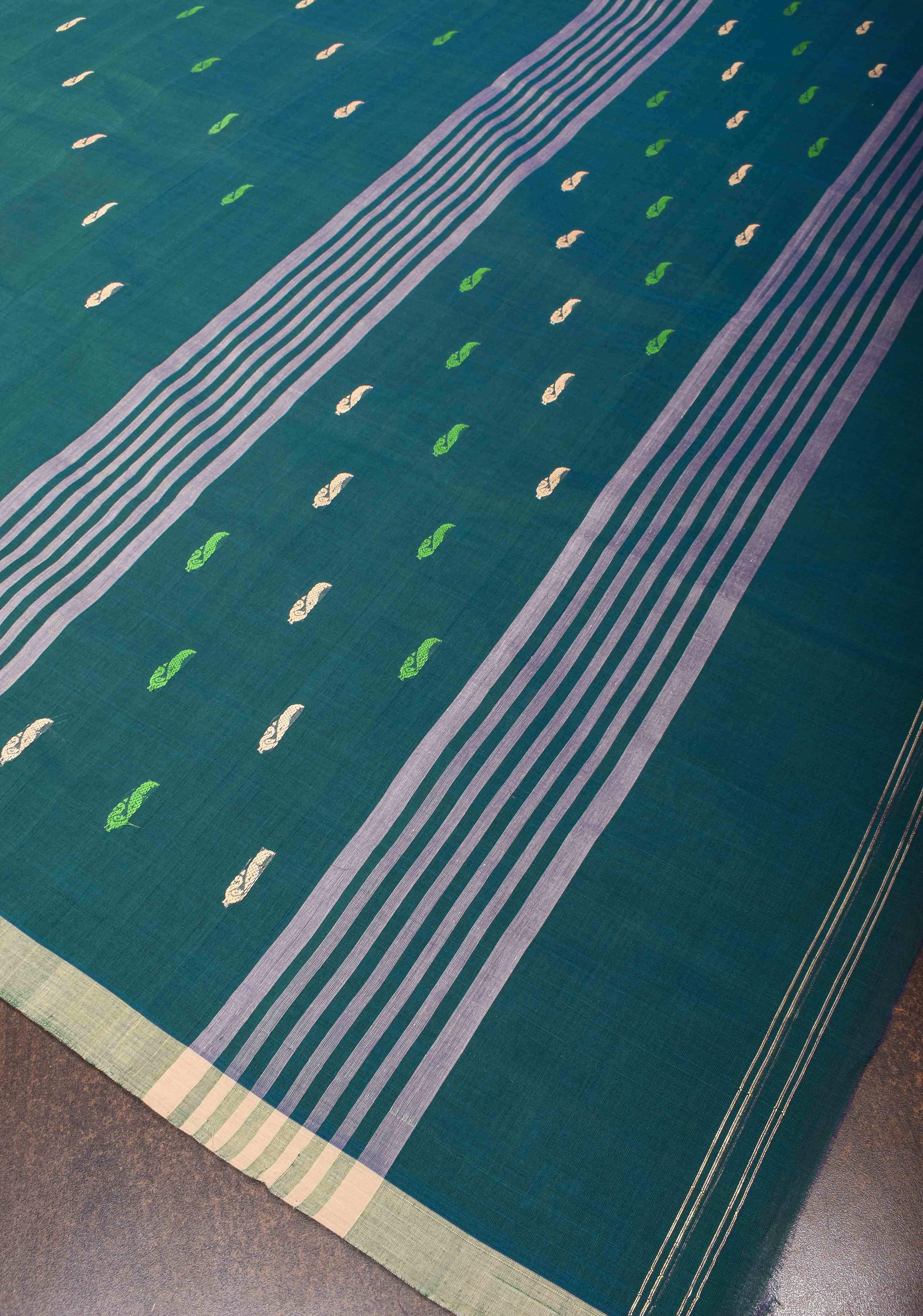Kenaf Cotton Vegan Handloom Saree in Teal with Meenakari Resham Buttas and Minimal Border (No Blouse Piece) | SHOBITAM