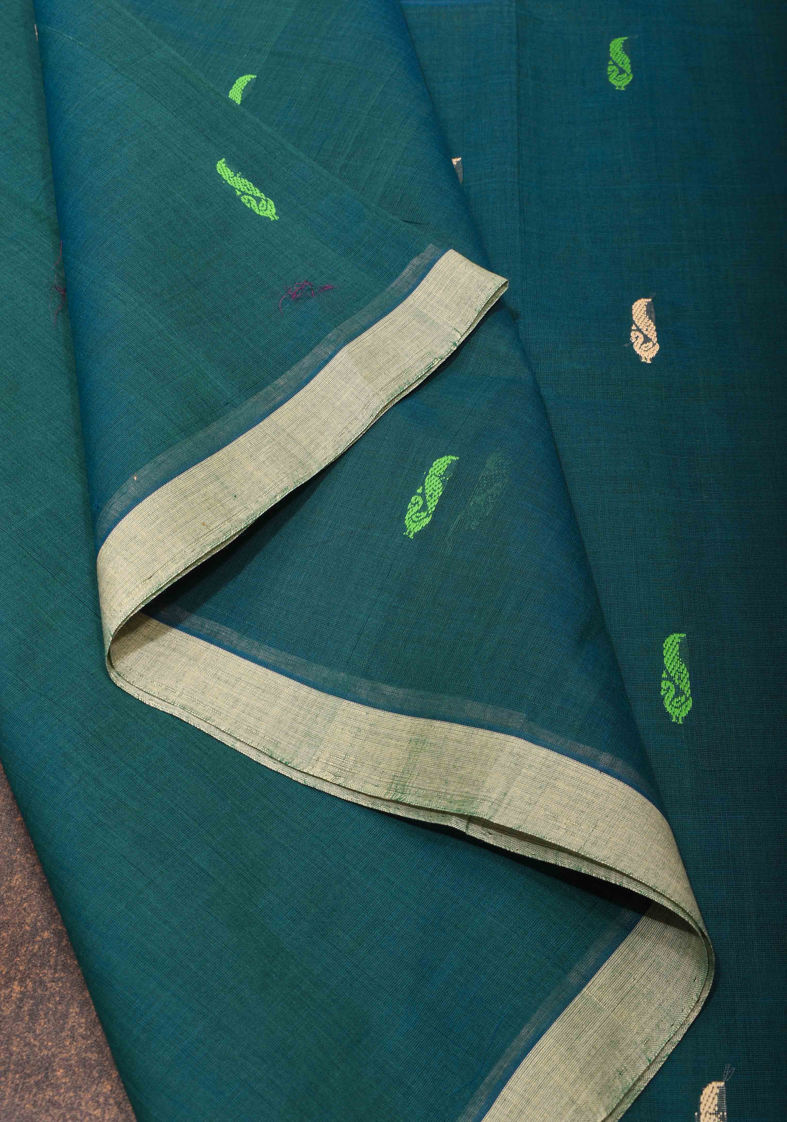Kenaf Cotton Vegan Handloom Saree in Teal with Meenakari Resham Buttas and Minimal Border (No Blouse Piece) | SHOBITAM