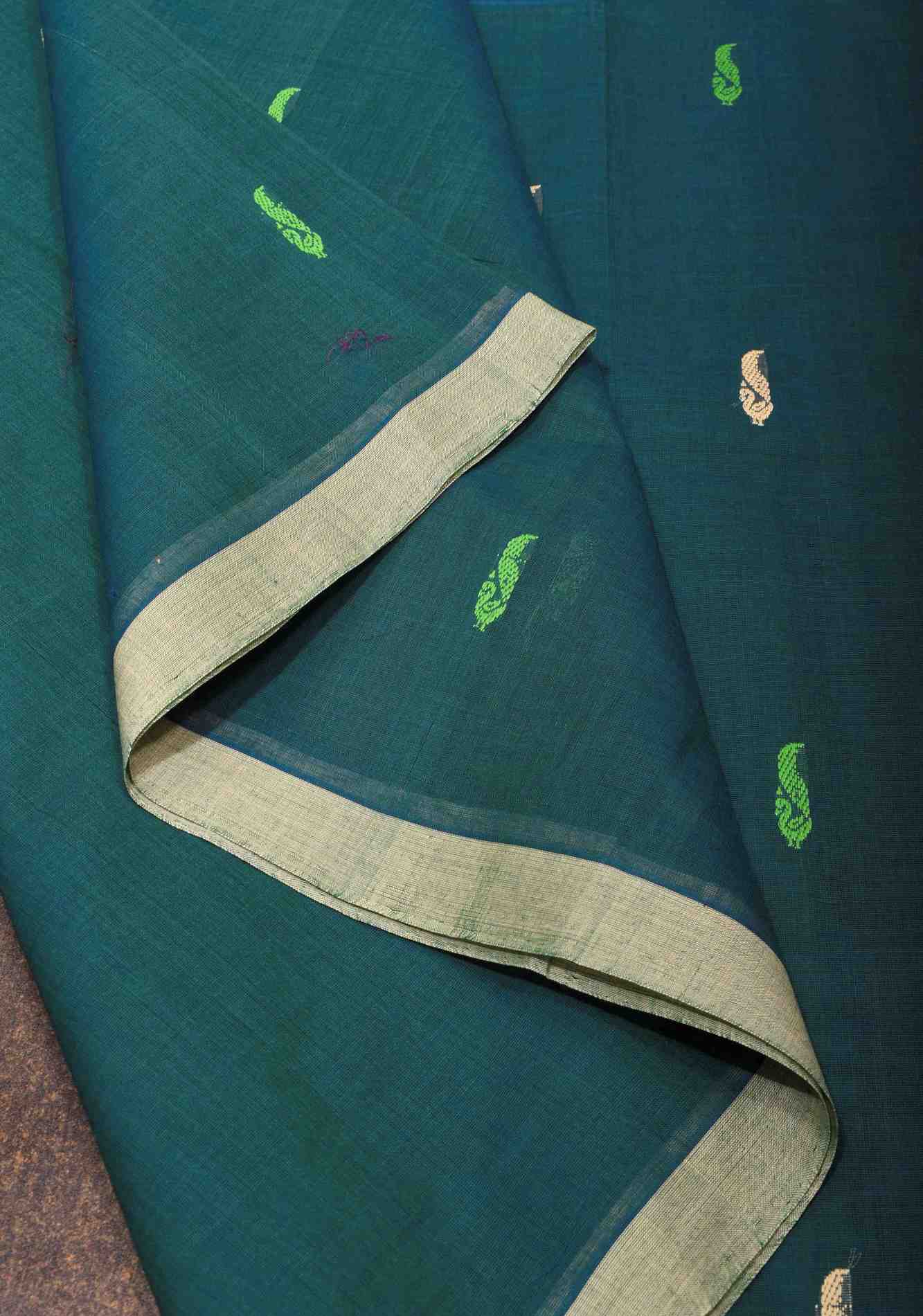 Kenaf Cotton Vegan Handloom ready to wear Saree in Teal with Meenakari Resham Buttas and Minimal Border (No Blouse Piece) Ready to wear saree