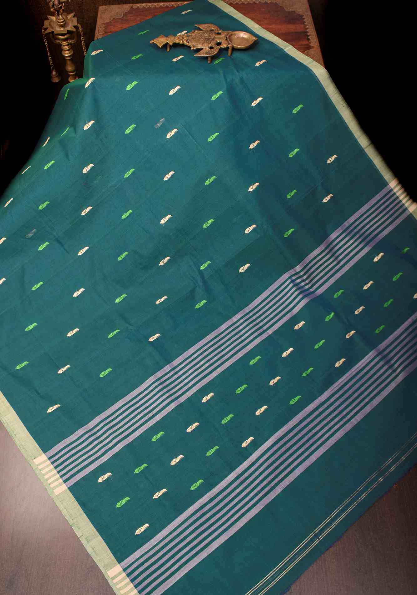 Kenaf Cotton Vegan Handloom ready to wear Saree in Teal with Meenakari Resham Buttas and Minimal Border (No Blouse Piece) Ready to wear saree