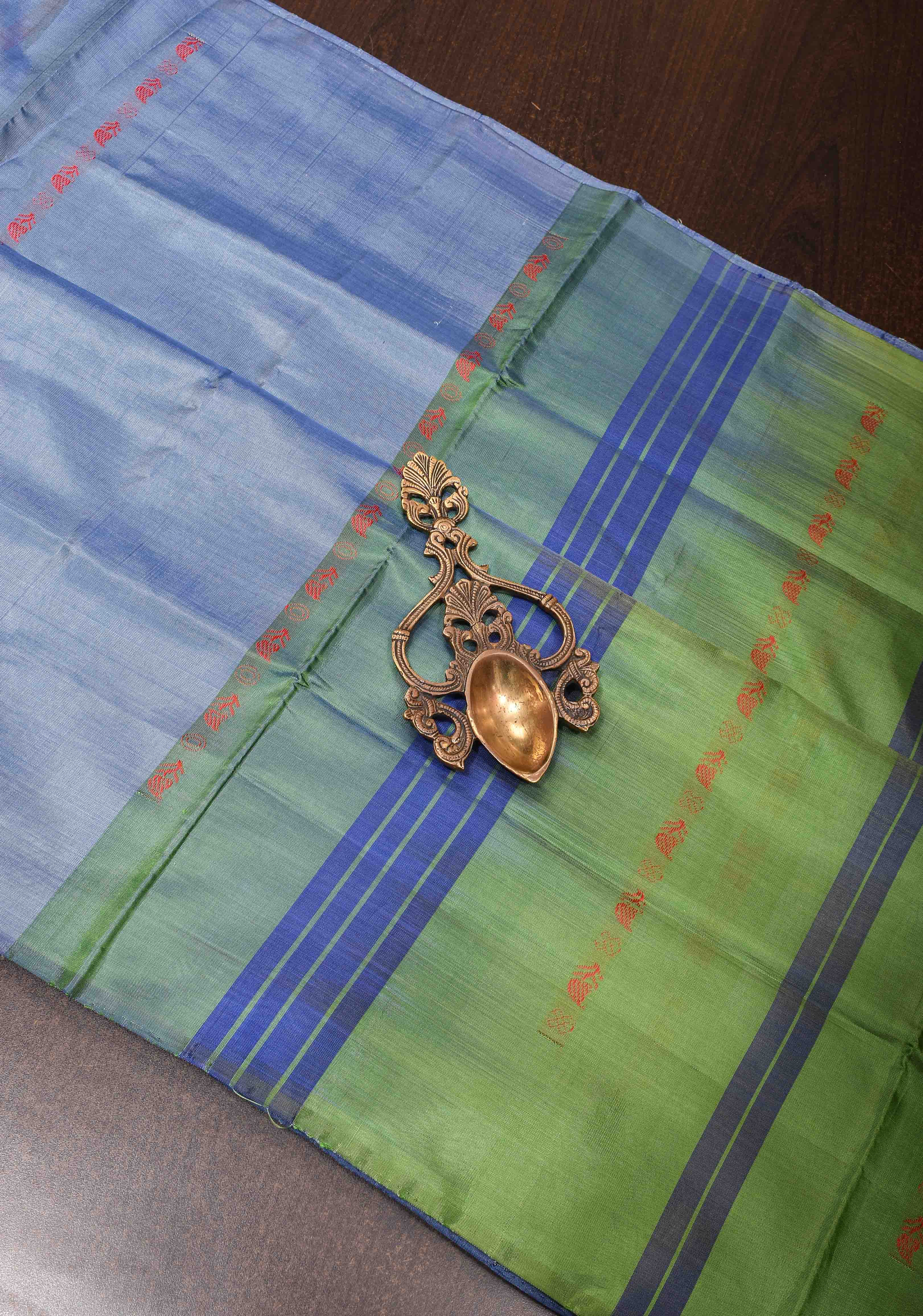 Vegan Silk Handloom Saree in Shades of Pastel Blue | Shobitam