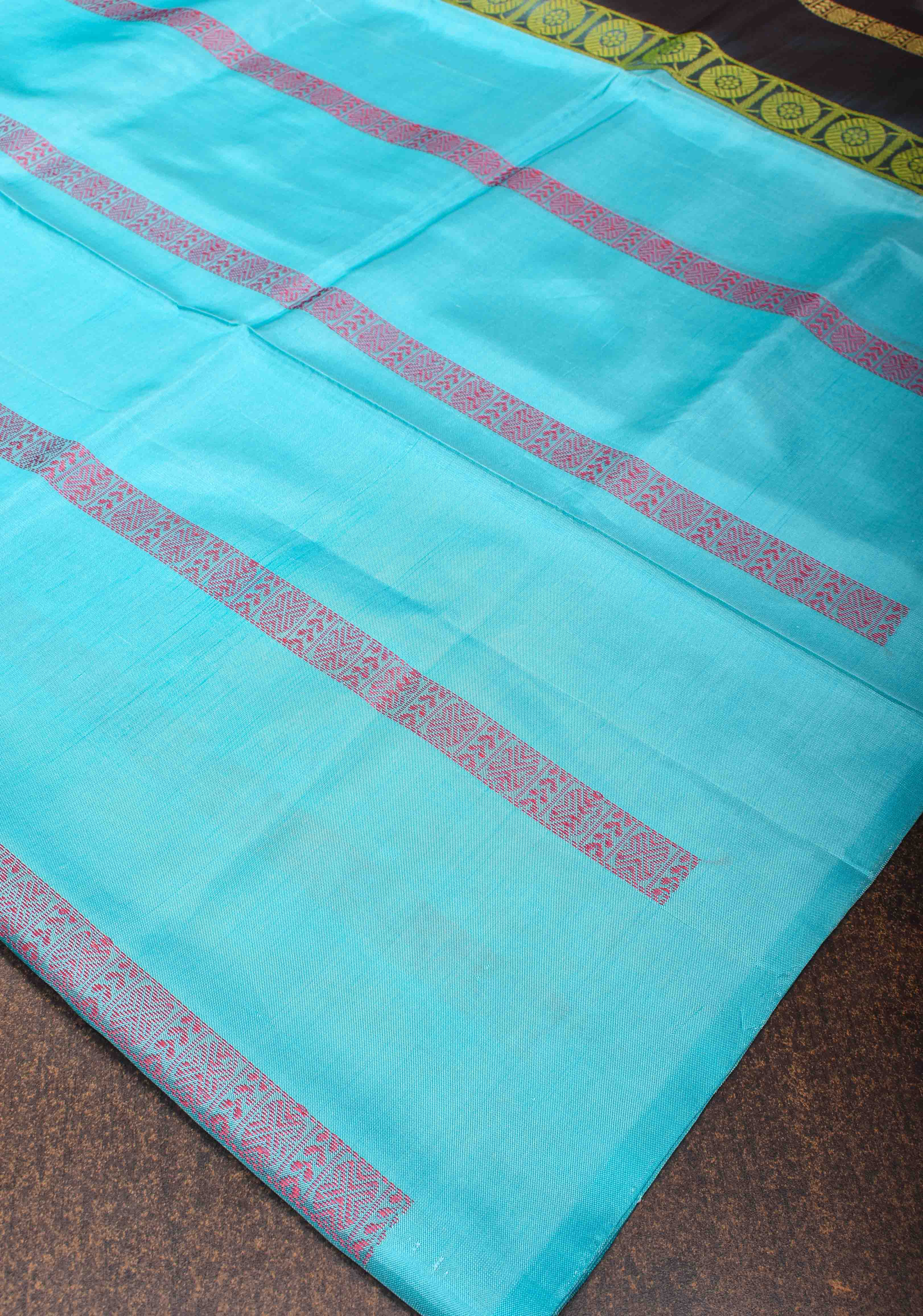 Vegan Silk Handloom Saree in Aqua Blue with Resham Stripes and Contrast Pallu, No Blouse piece | Shobitam
