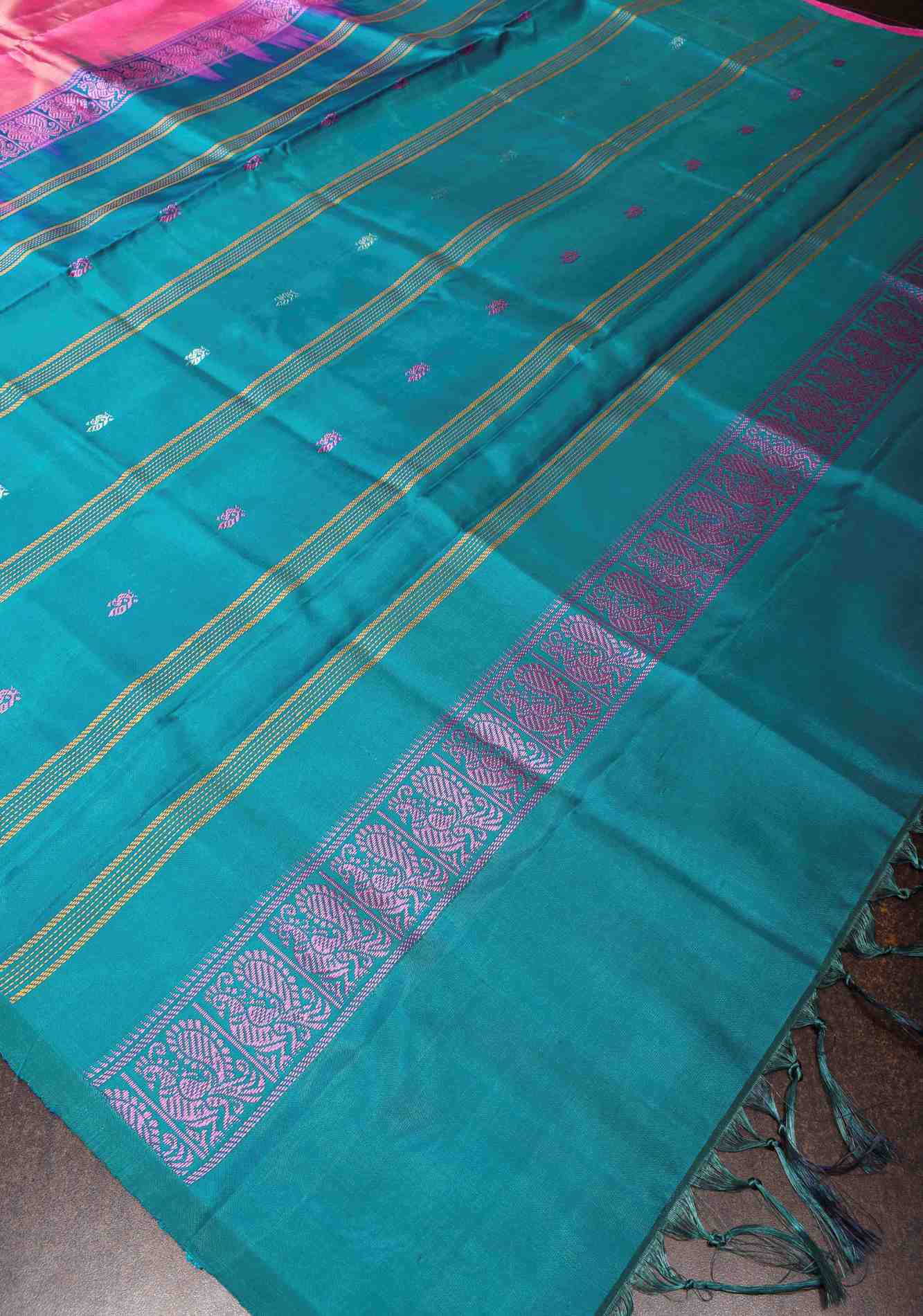 Vegan Silk Handloom predraped Saree in Pink with Teal Contrast, No Blouse Piece ready to wear saree
