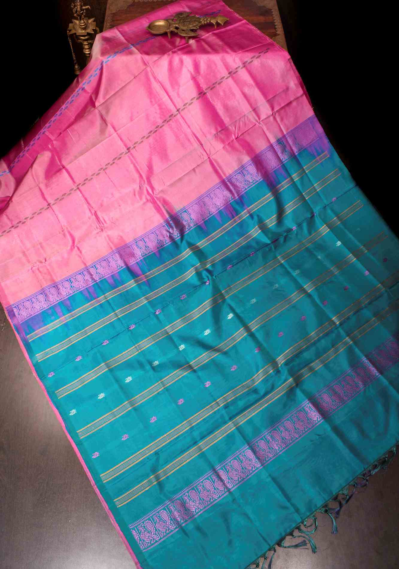 Vegan Silk Handloom predraped Saree in Pink with Teal Contrast, No Blouse Piece ready to wear saree
