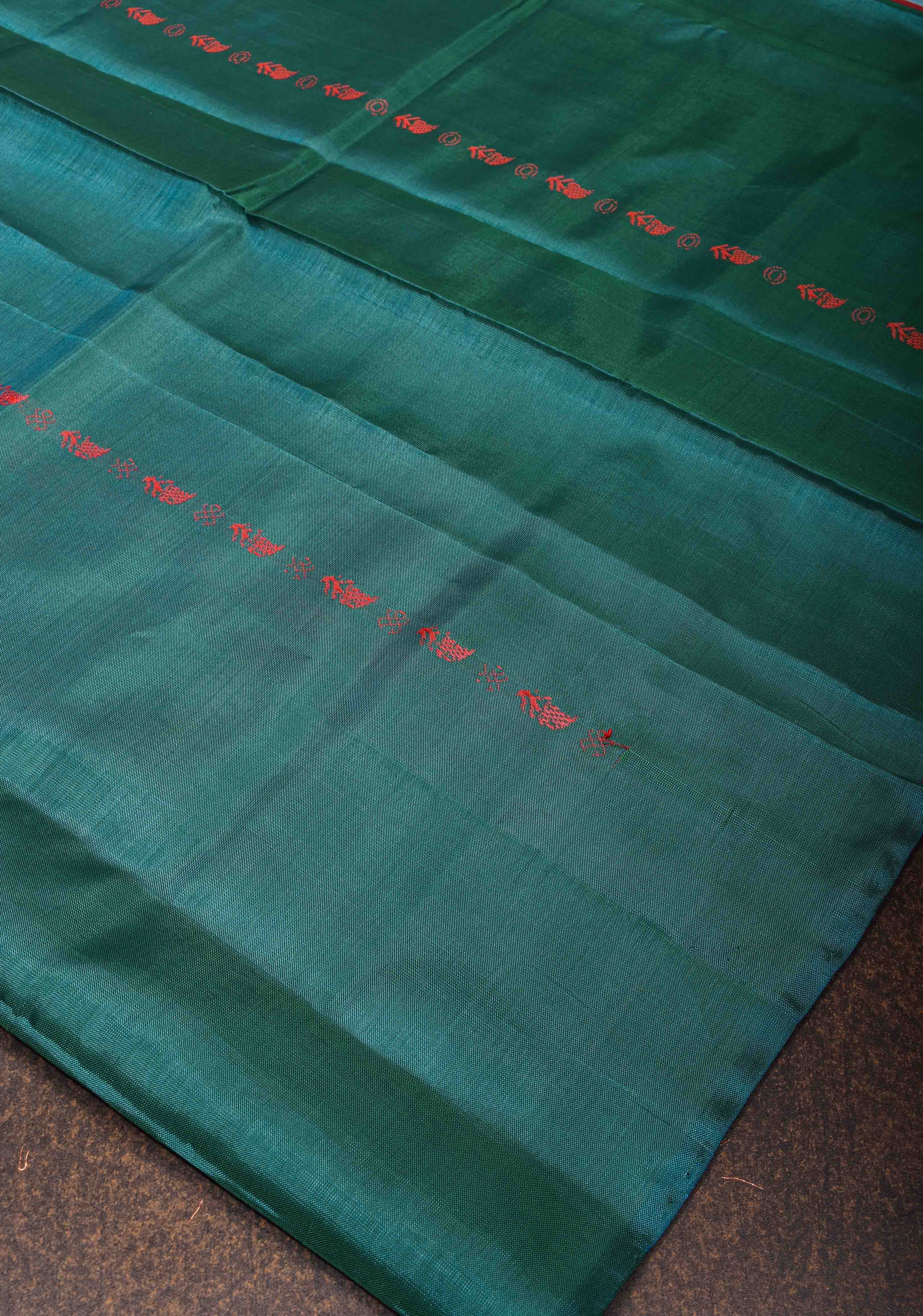 Vegan Silk Handloom Saree in Teal with Resham Stripes , No Blouse piece | SHOBITAM