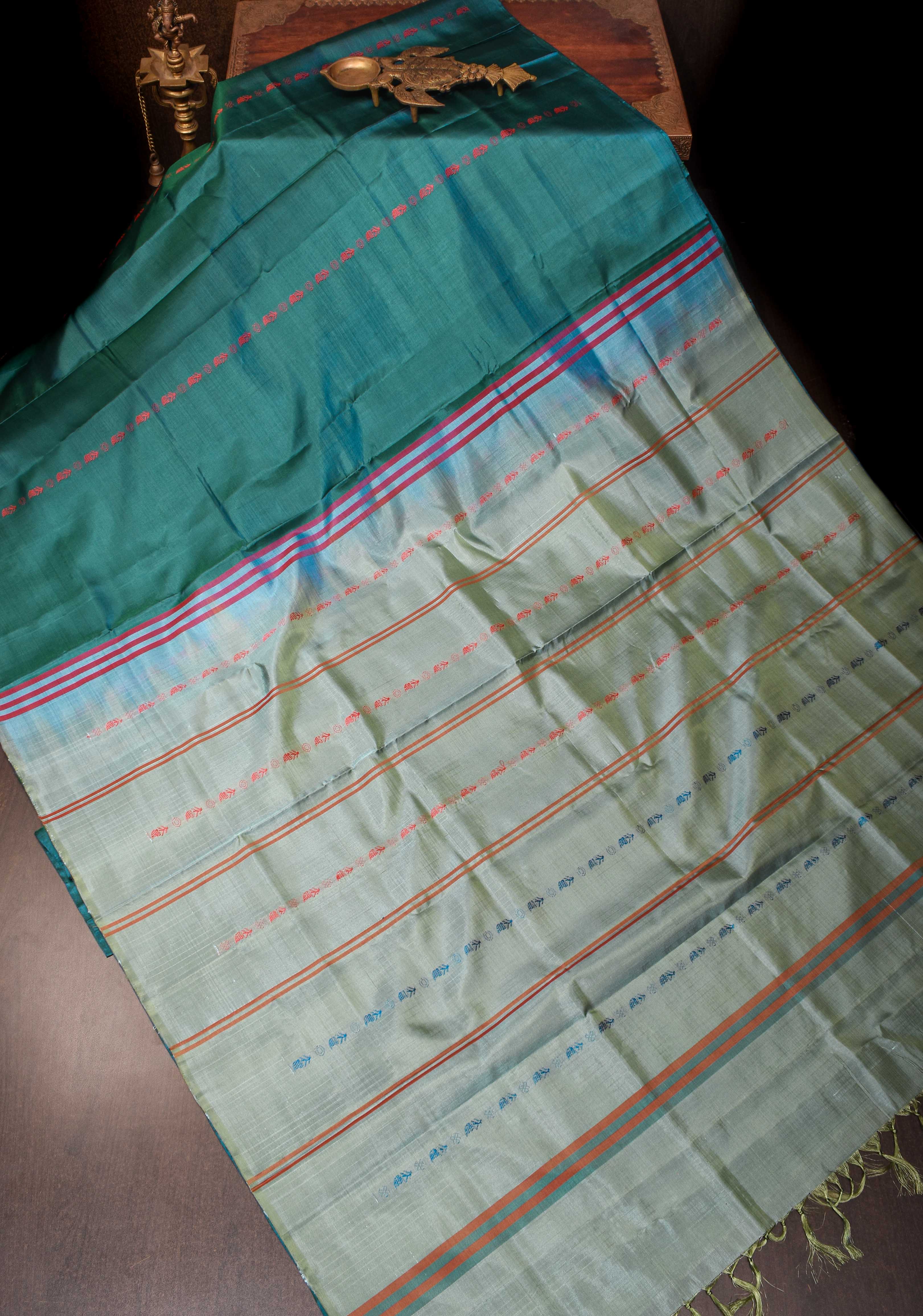 Vegan Silk Handloom Saree in Teal with Resham Stripes , No Blouse piece | SHOBITAM
