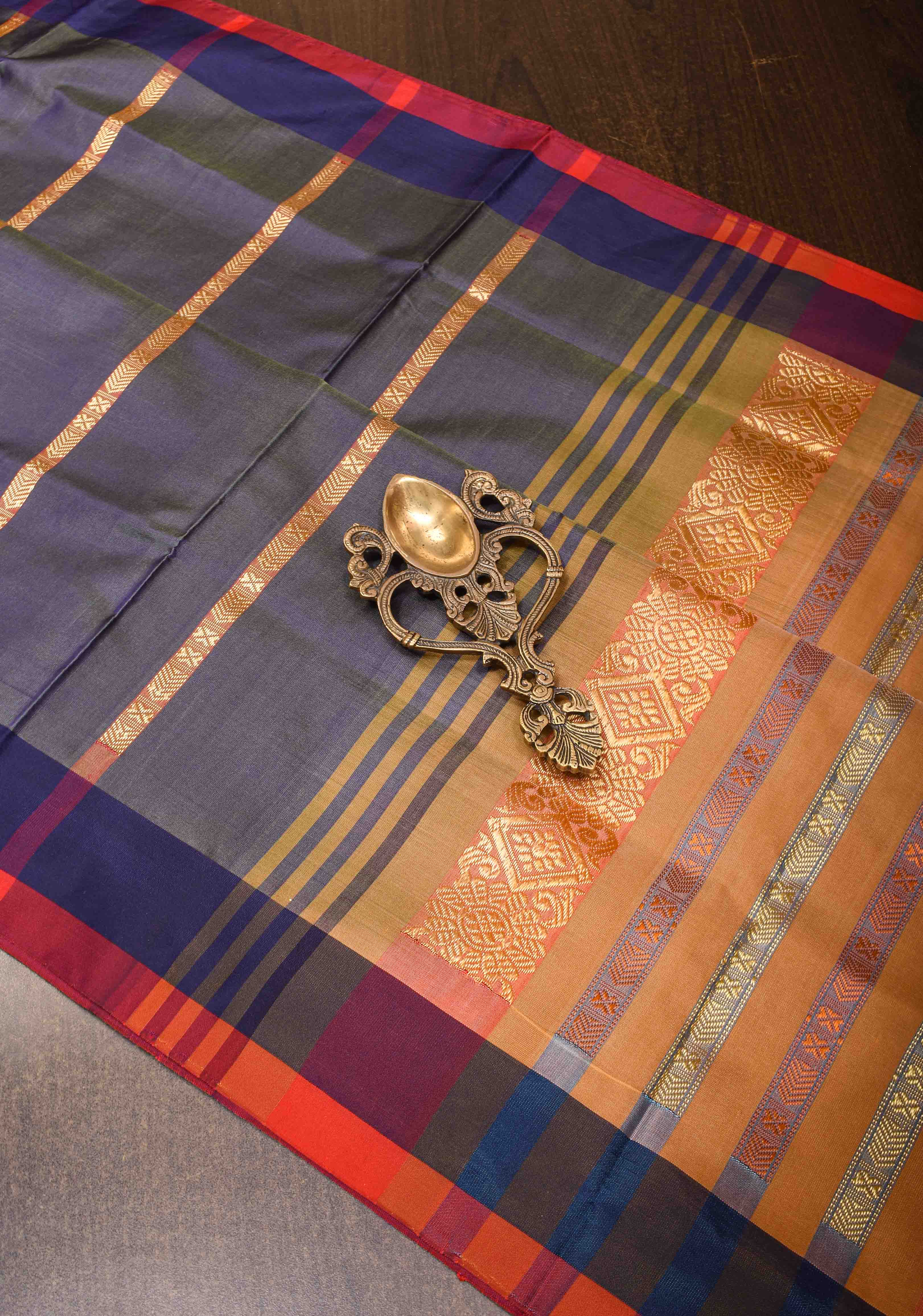 Vegan Silk Handloom Saree in Mid Grey with Resham Buttas and Contrast Pallu , No Blouse piece | Shobitam