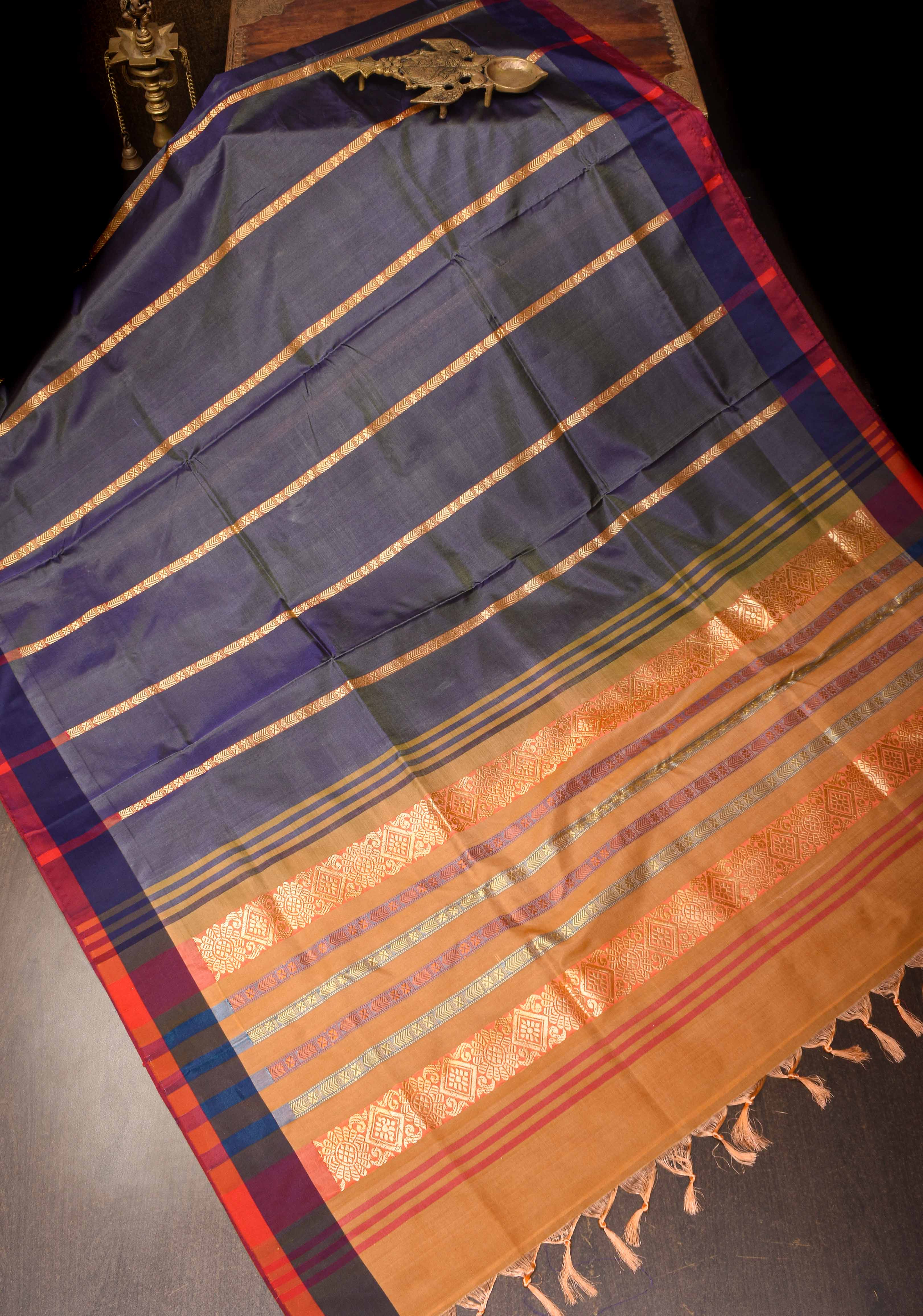 Vegan Silk Handloom Saree in Mid Grey with Resham Buttas and Contrast Pallu , No Blouse piece | Shobitam