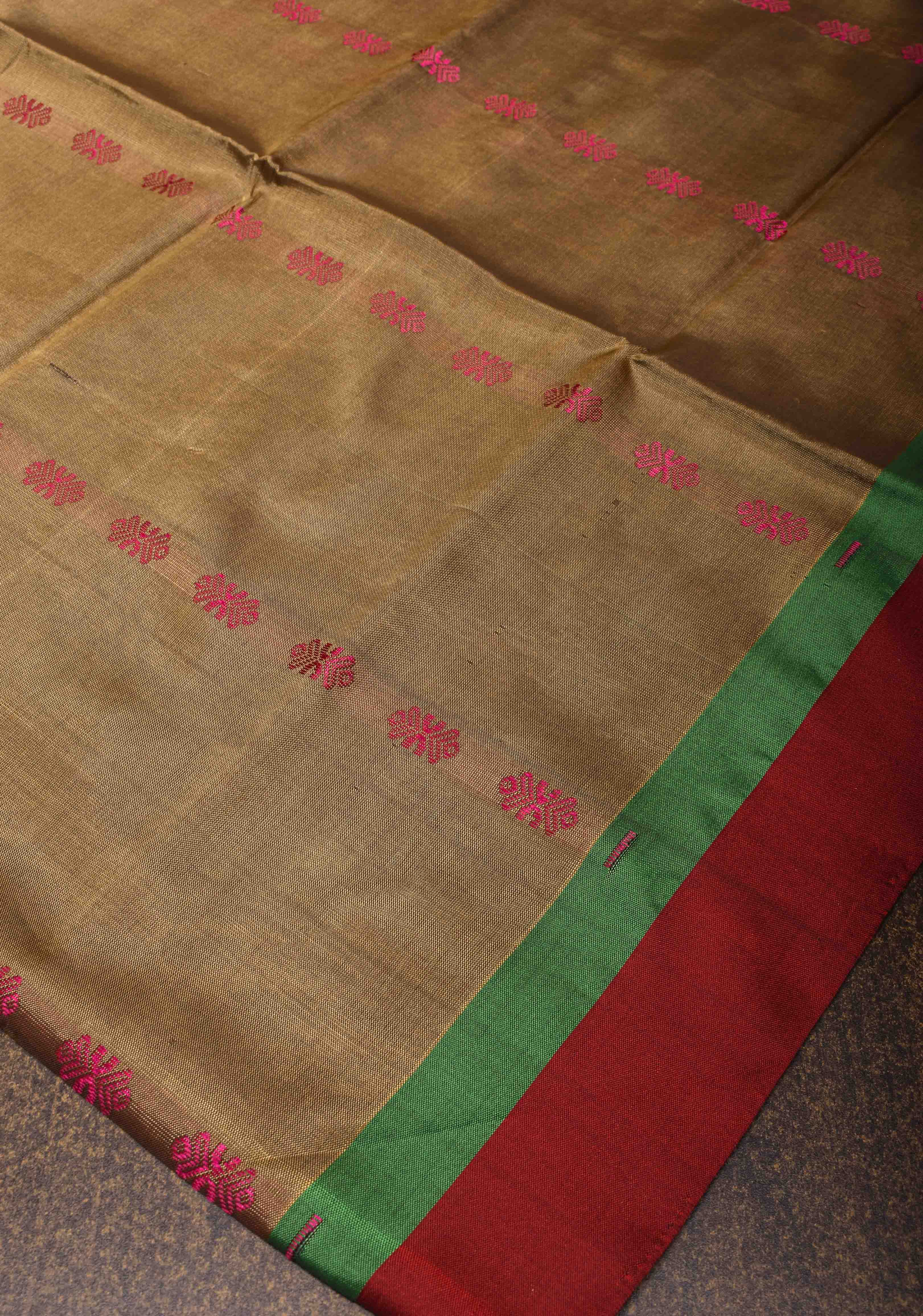 Vegan Silk Handloom Saree in French Beige with Resham Buttas and Contrast Pallu , No Blouse piece | SHOBITAM