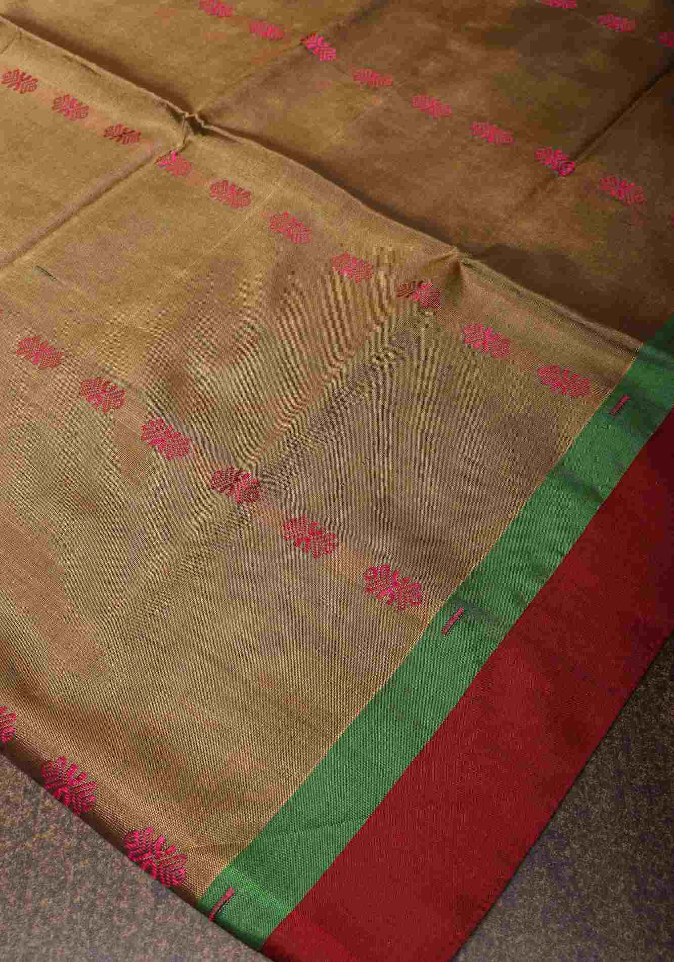 Vegan Silk Handloom prestitched Saree in French Beige with Resham Buttas and Contrast Pallu , No Blouse piece Ready to wear saree