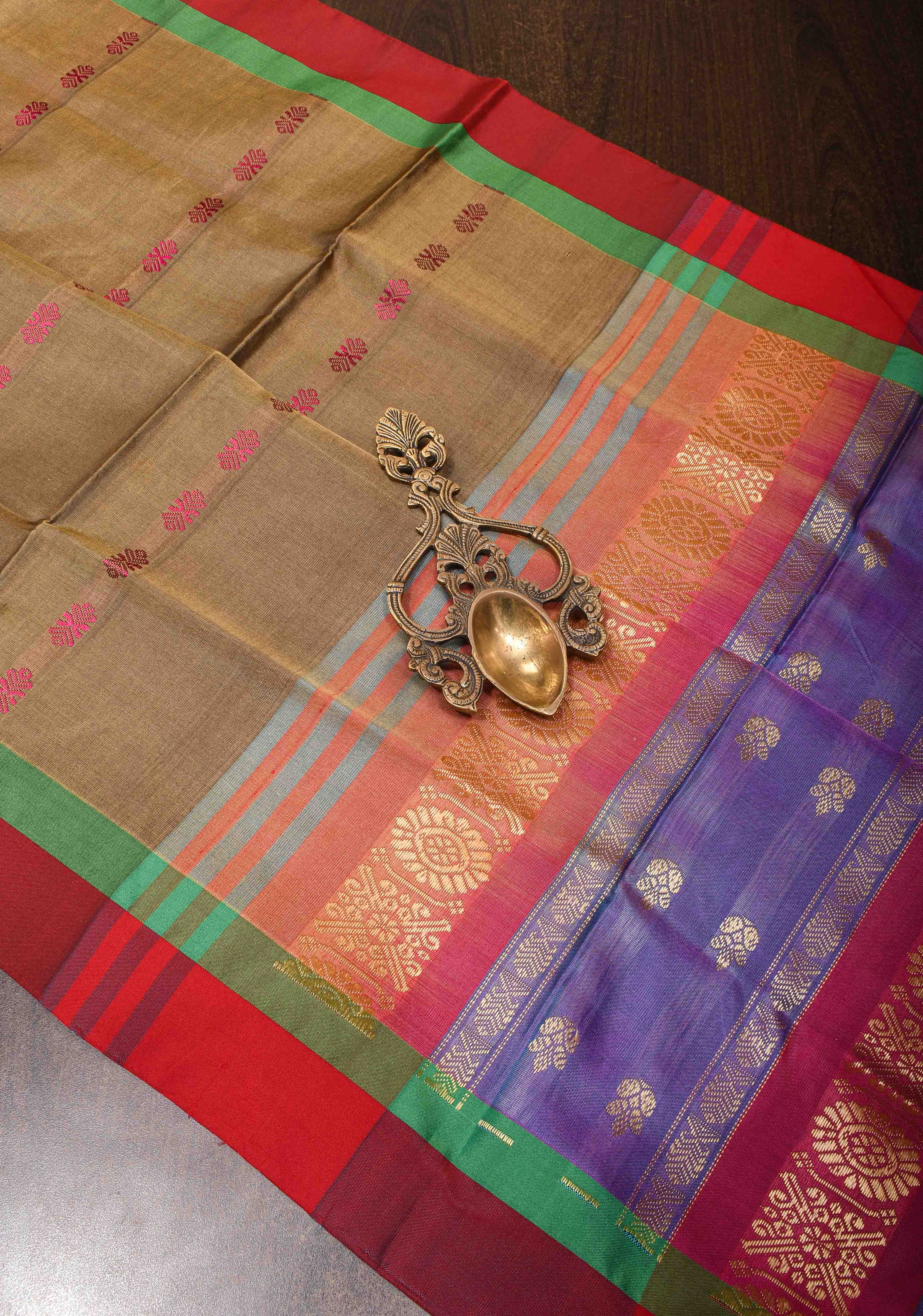 Vegan Silk Handloom Saree in French Beige with Resham Buttas and Contrast Pallu , No Blouse piece | SHOBITAM