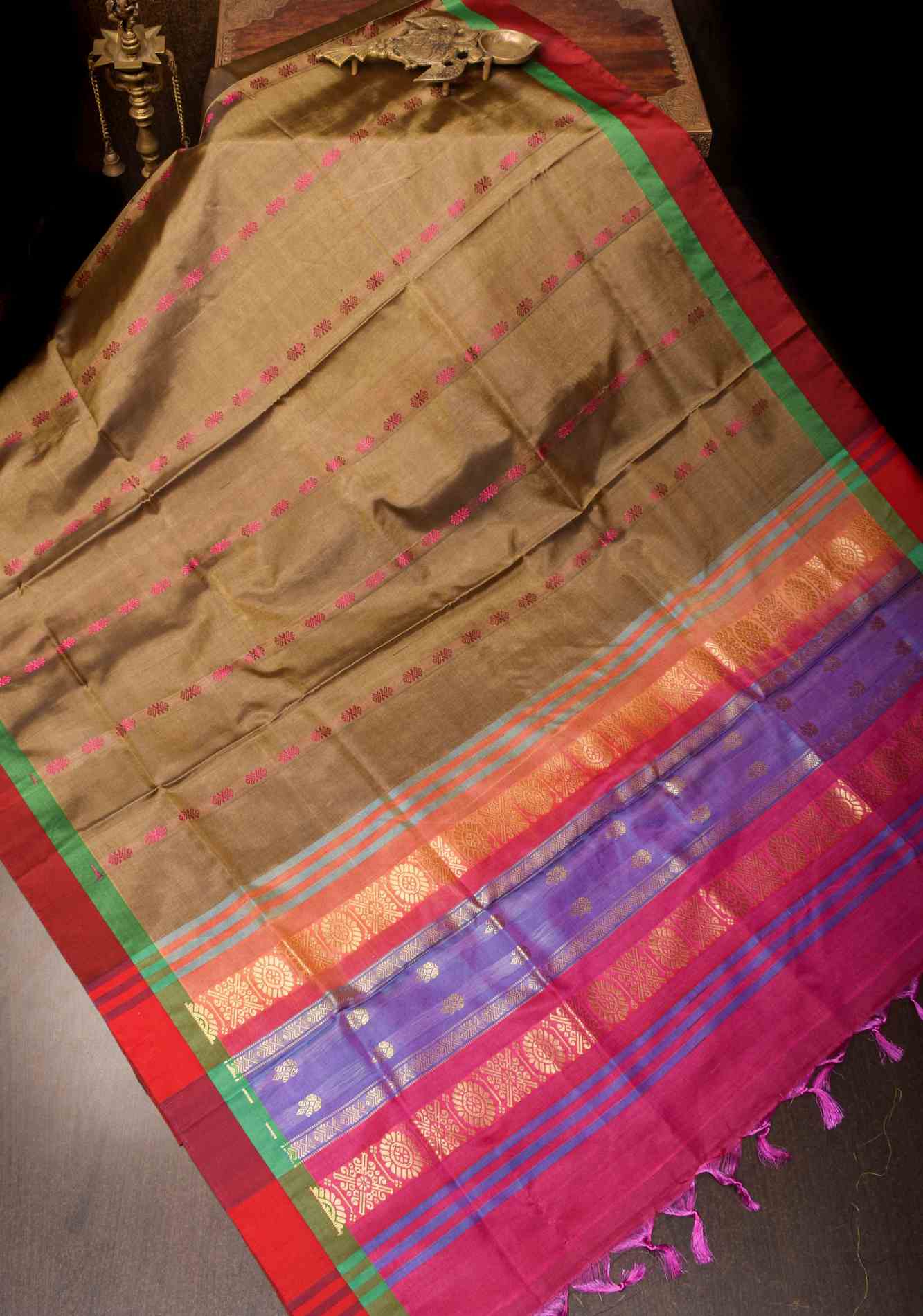Vegan Silk Handloom prestitched Saree in French Beige with Resham Buttas and Contrast Pallu , No Blouse piece Ready to wear saree