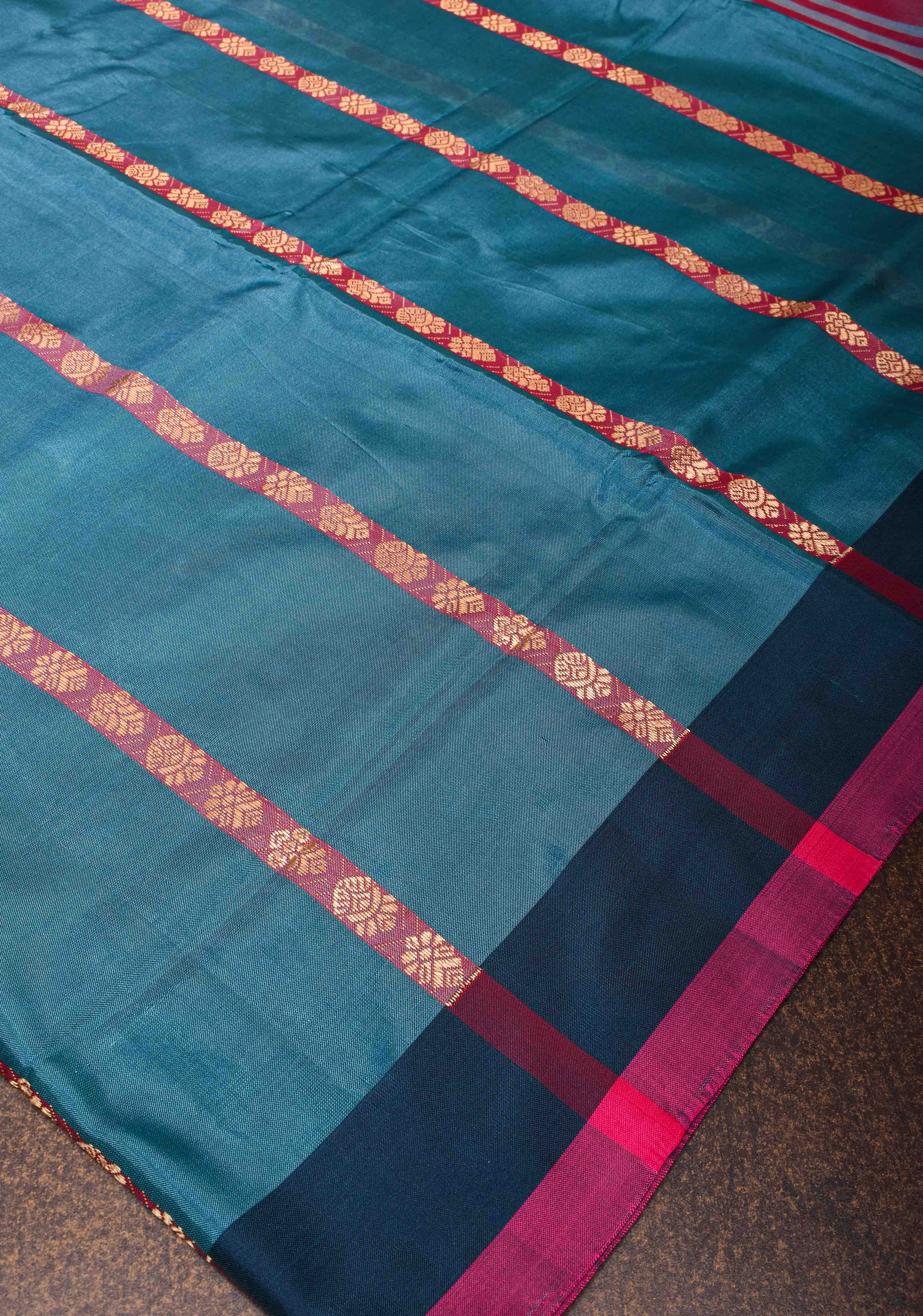 Vegan Silk Handloom Saree in Peacock Blue with Resham Buttas and Contrast Pallu , No Blouse piece | SHOBITAM