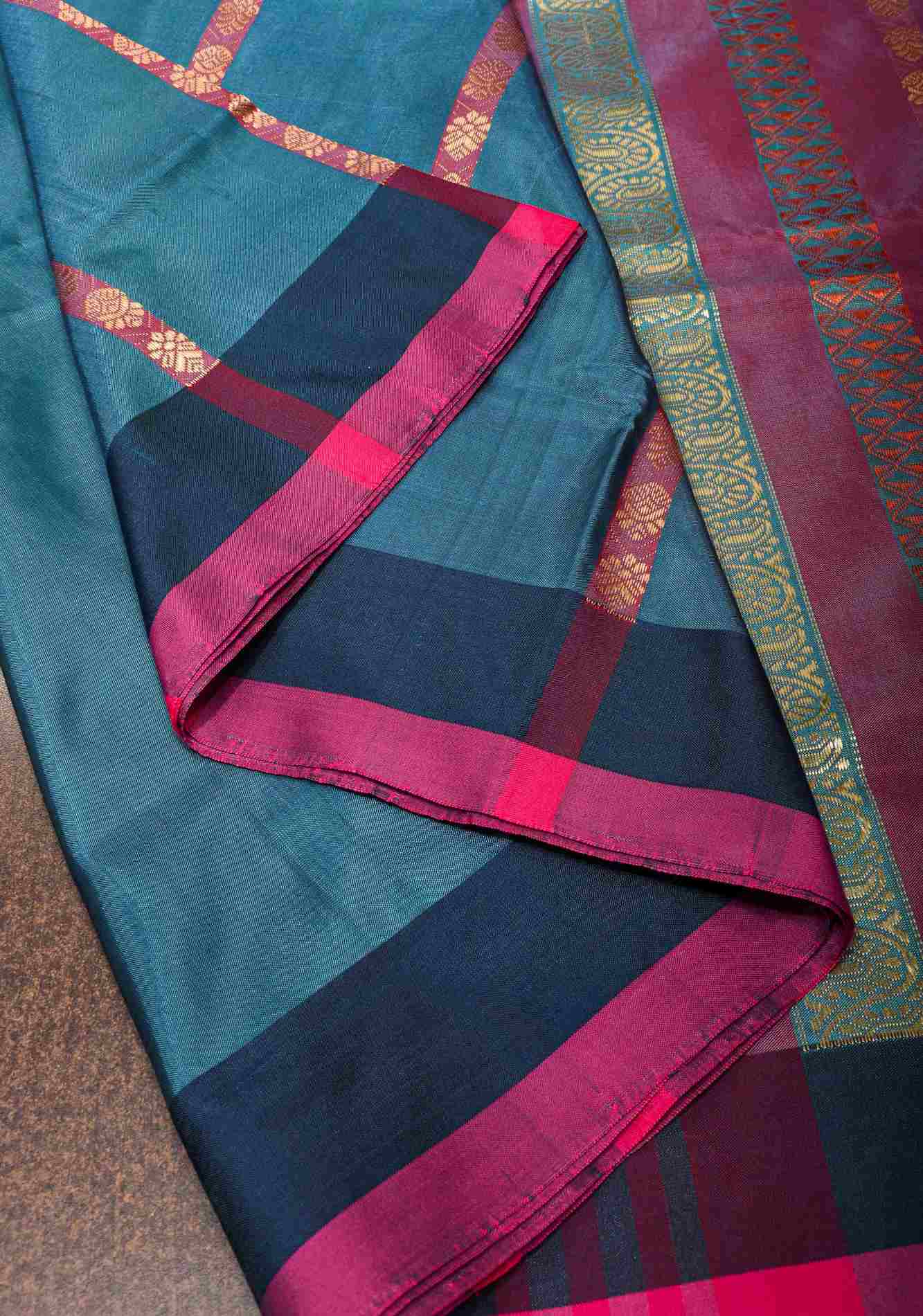 Vegan Silk Handloom predraped Saree in Peacock Blue with Resham Buttas and Contrast Pallu , No Blouse piece ready to wear saree