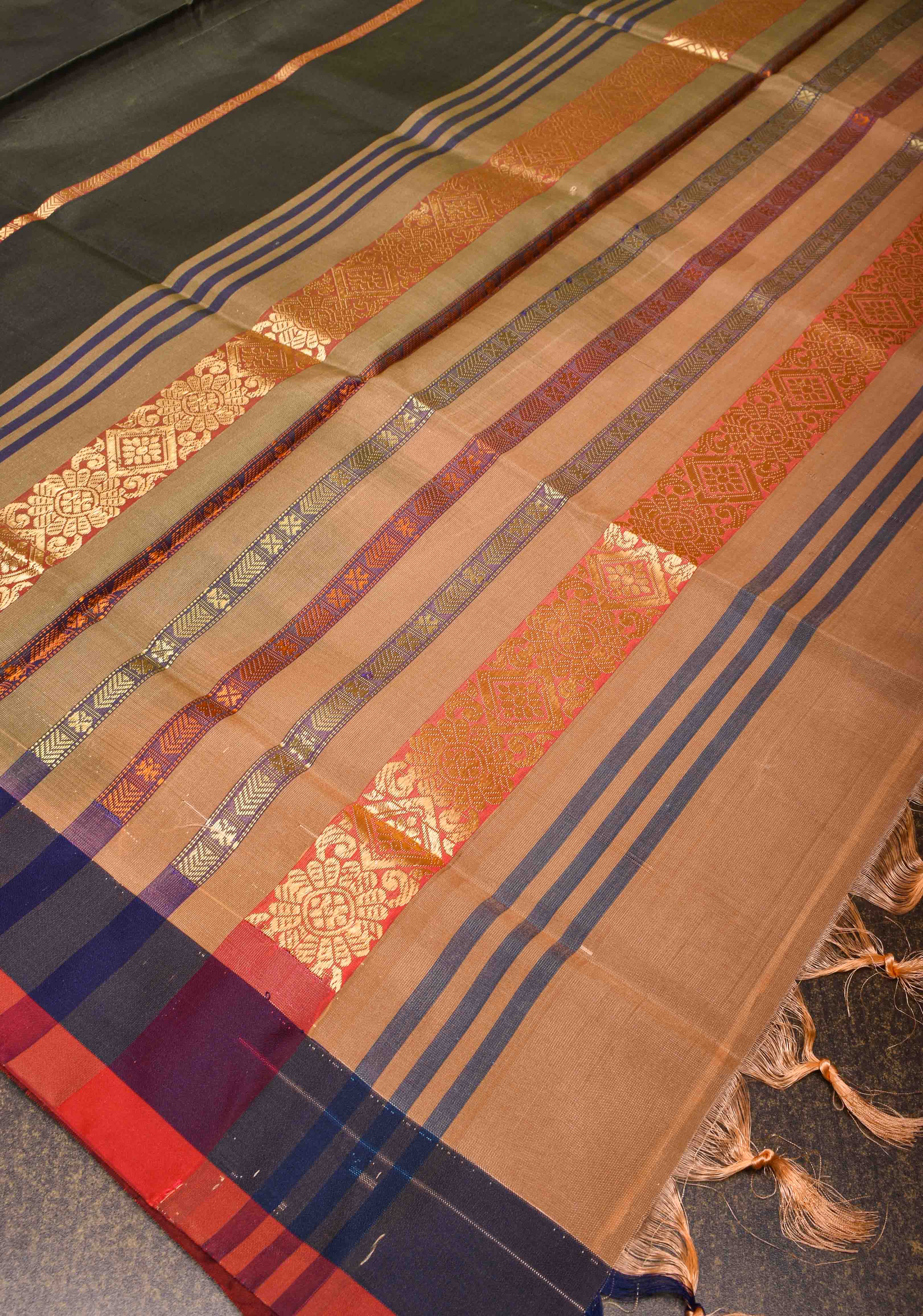 Vegan Silk Handloom Saree in Dark Gray with Resham Stripes and Contrast Pallu, No Blouse piece | SHOBITAM