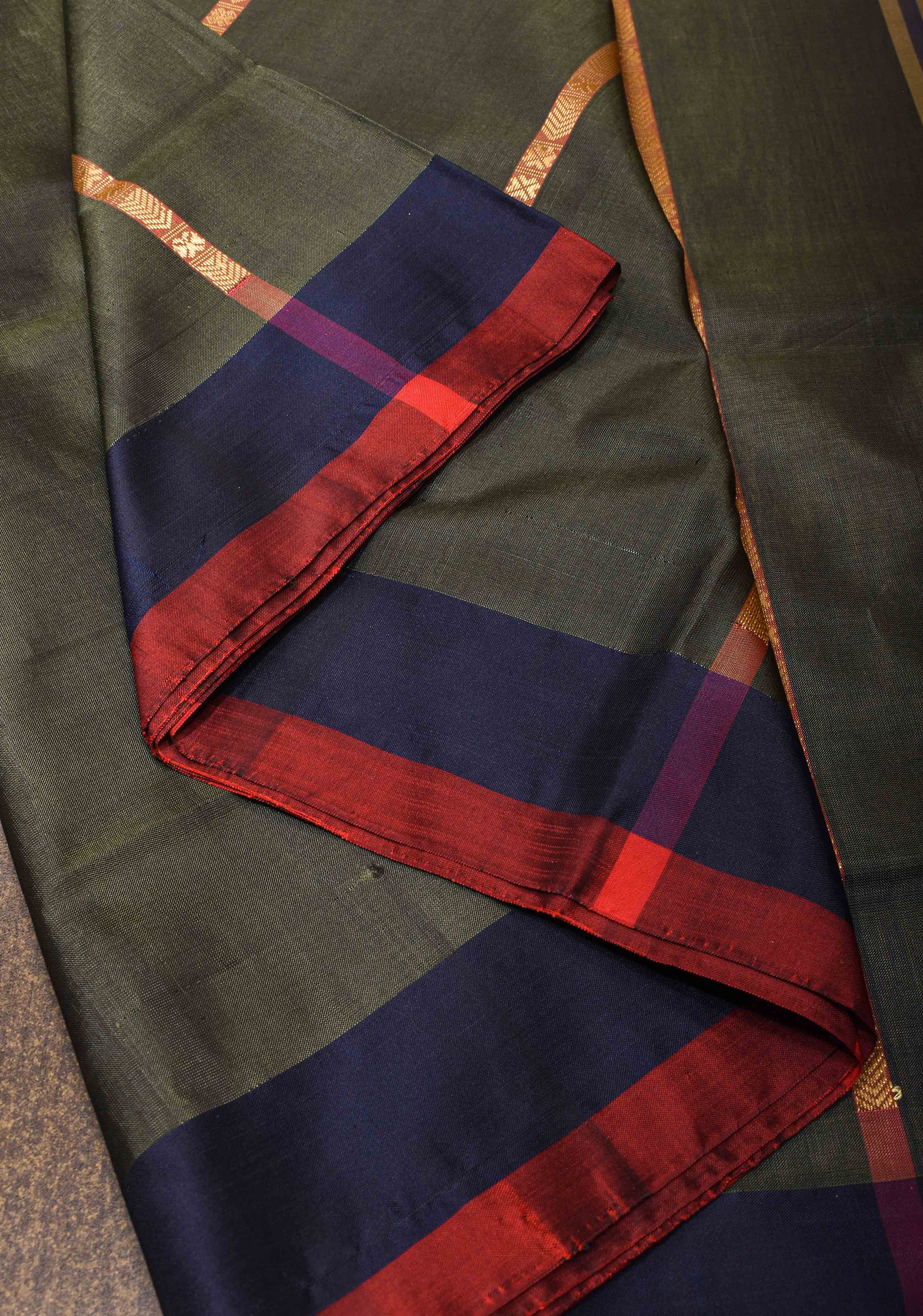 Vegan Silk Handloom Saree in Dark Gray with Resham Stripes and Contrast Pallu, No Blouse piece | SHOBITAM
