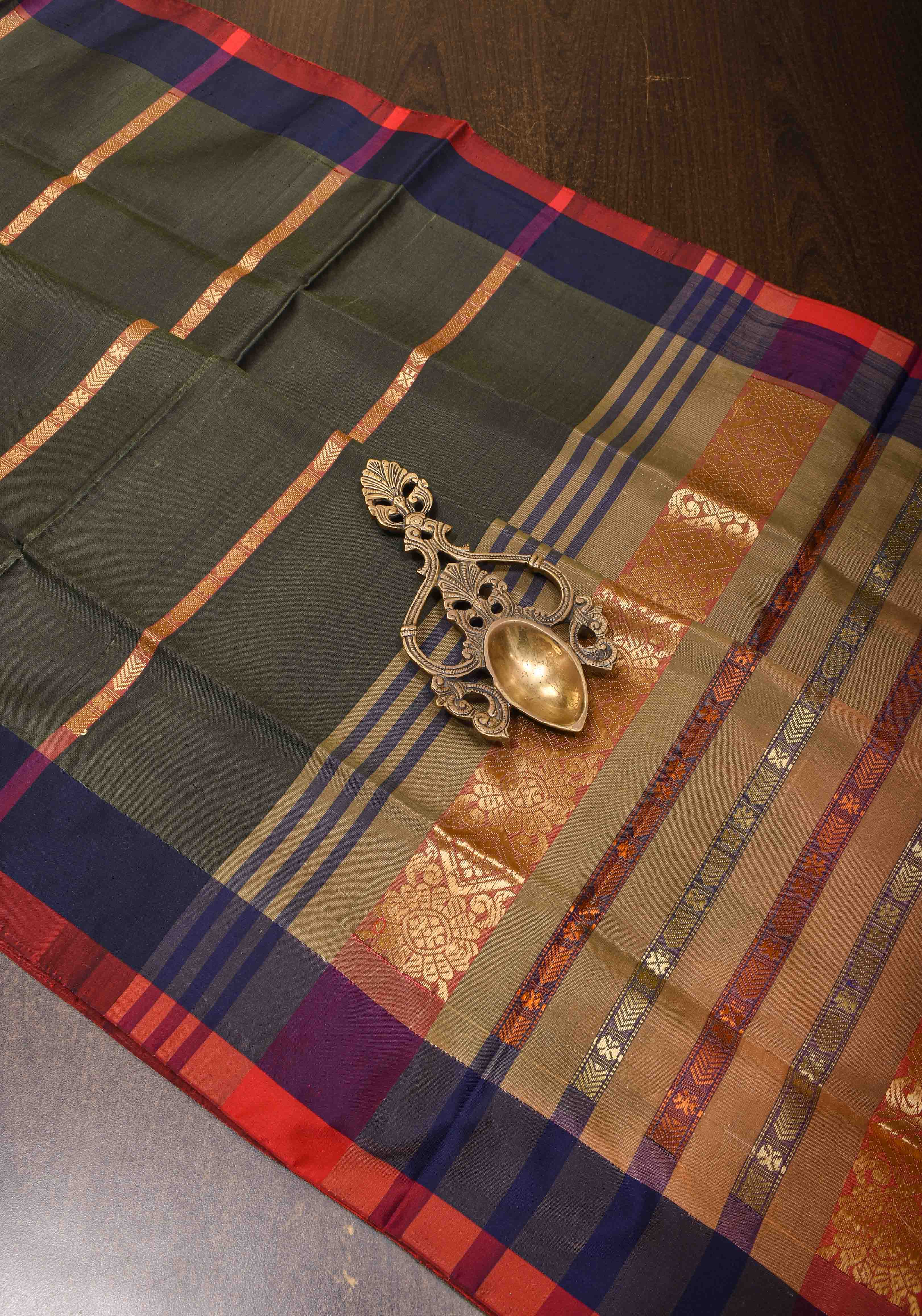 Vegan Silk Handloom Saree in Dark Gray with Resham Stripes and Contrast Pallu, No Blouse piece | SHOBITAM