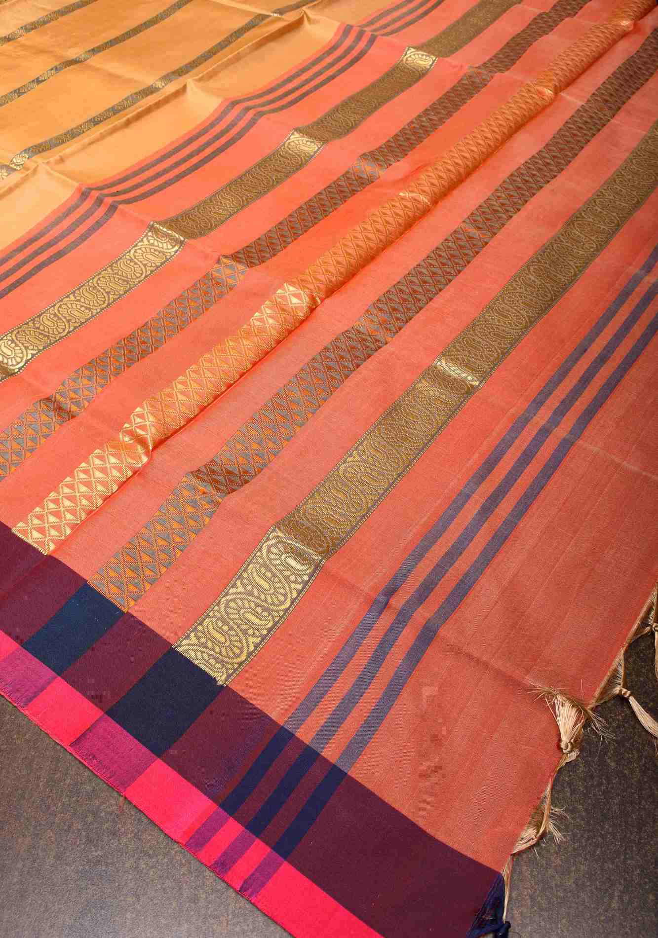 Vegan Silk Handloom prestitched Saree in Dark Gray with Resham Stripes and Contrast Pallu, No Blouse piece ready to wear saree