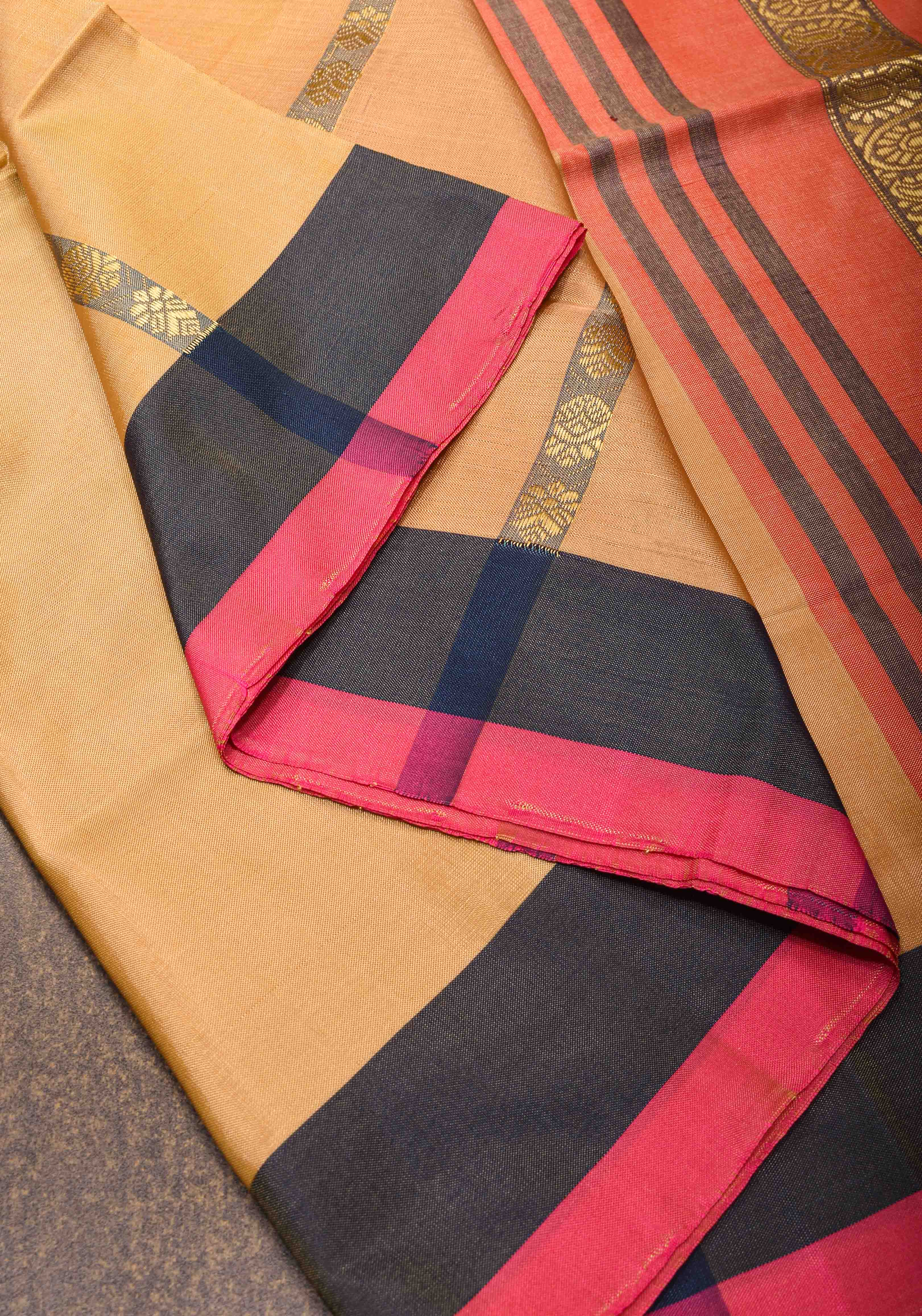 Vegan Silk Handloom Saree in Peach with Resham Buttas and Contrast Pallu, No Blouse piece | Shobitam