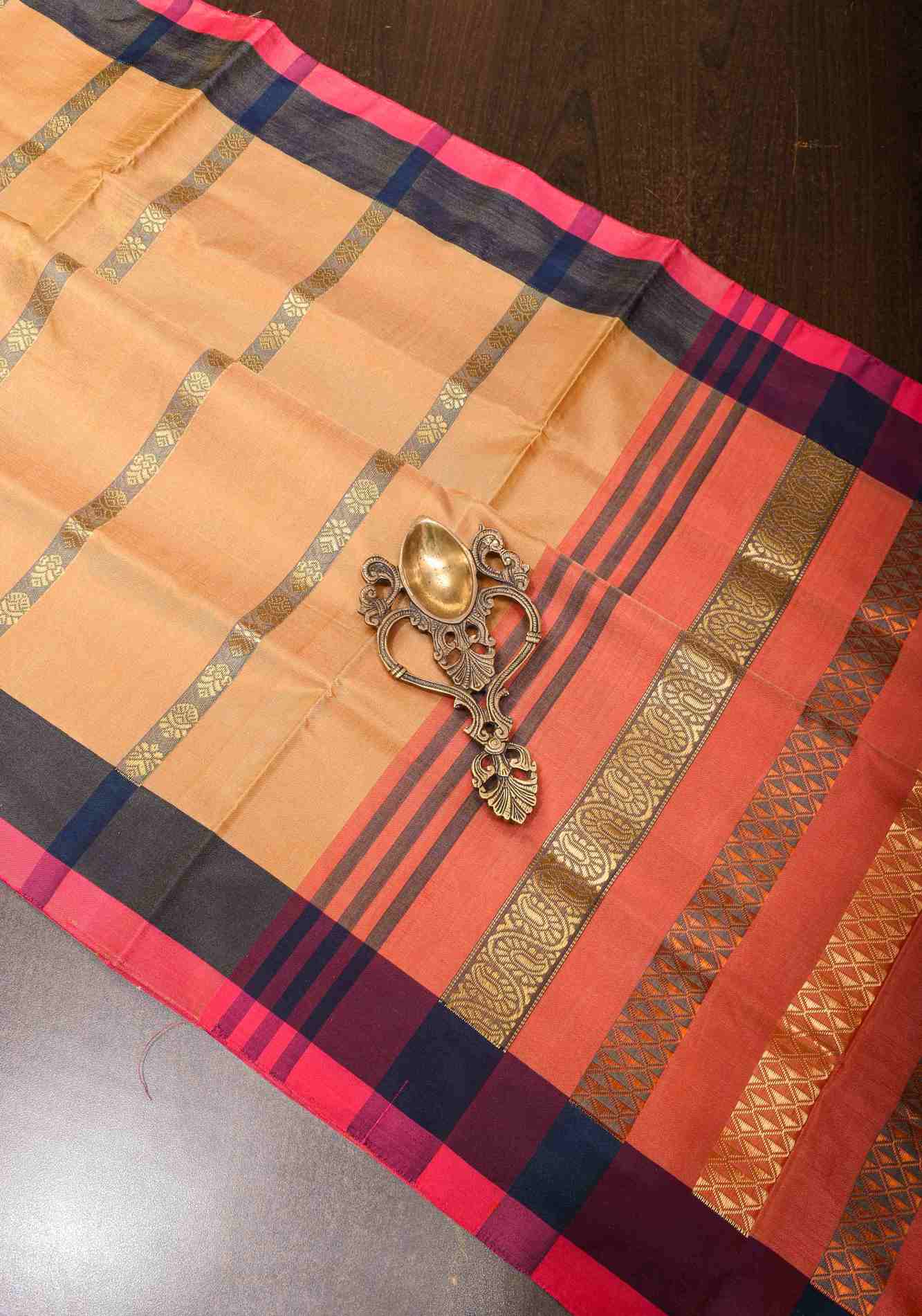 Vegan Silk Handloom stitched pleated Saree in Peach with Resham Buttas and Contrast Pallu, No Blouse piece ready to wear saree