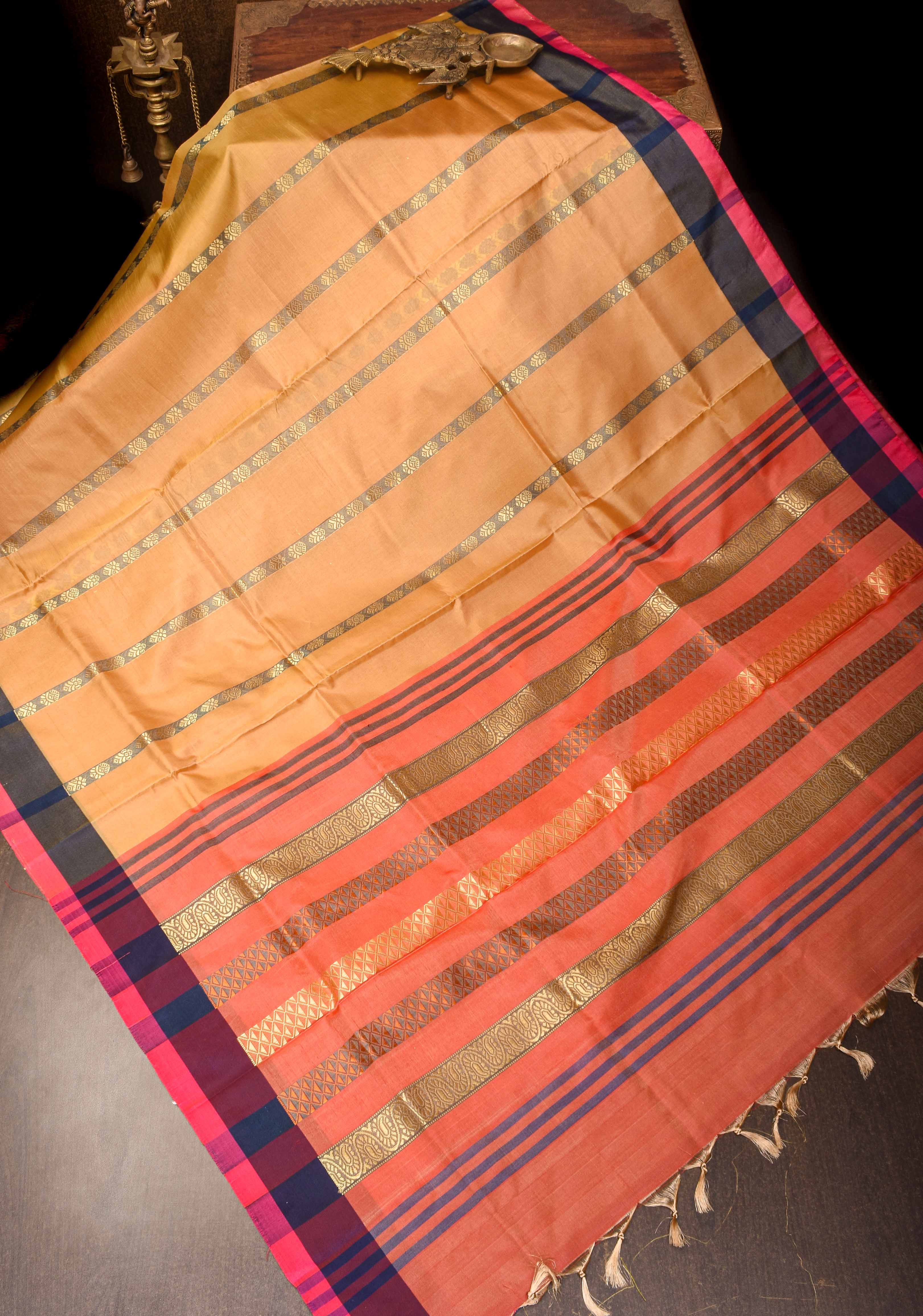 Vegan Silk Handloom Saree in Peach with Resham Buttas and Contrast Pallu, No Blouse piece | Shobitam