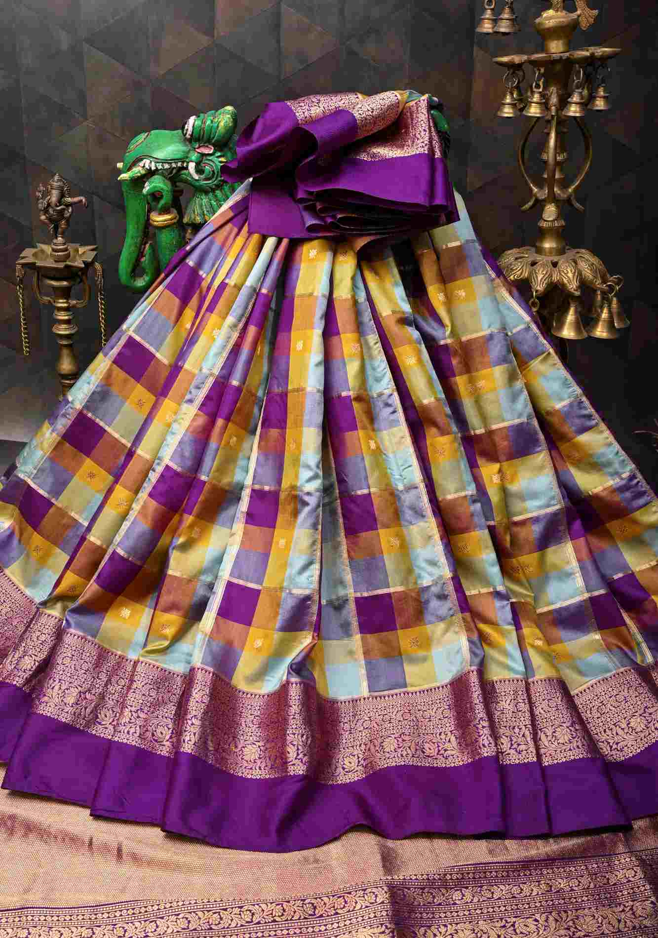 Exquisite Vidya Balan Checks Banarasi Silk Saree with Buttas and Kanjivaram Style Borders | SILK MARK CERTIFIED Ready To Wear Saree