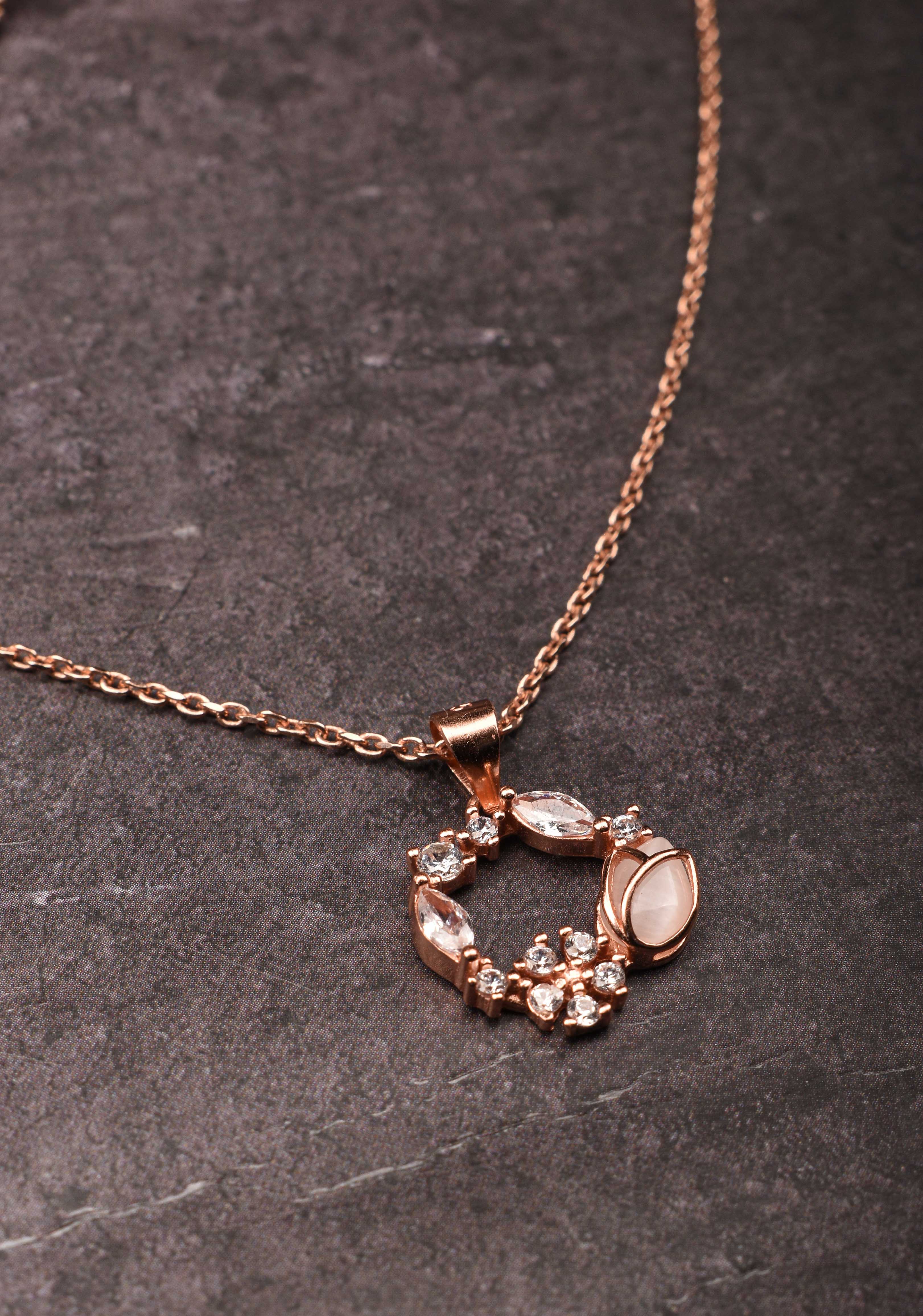 925 silver Pendant and Chain with Earrings in Rose Gold Finish – Subtle Elegance | Shobitam