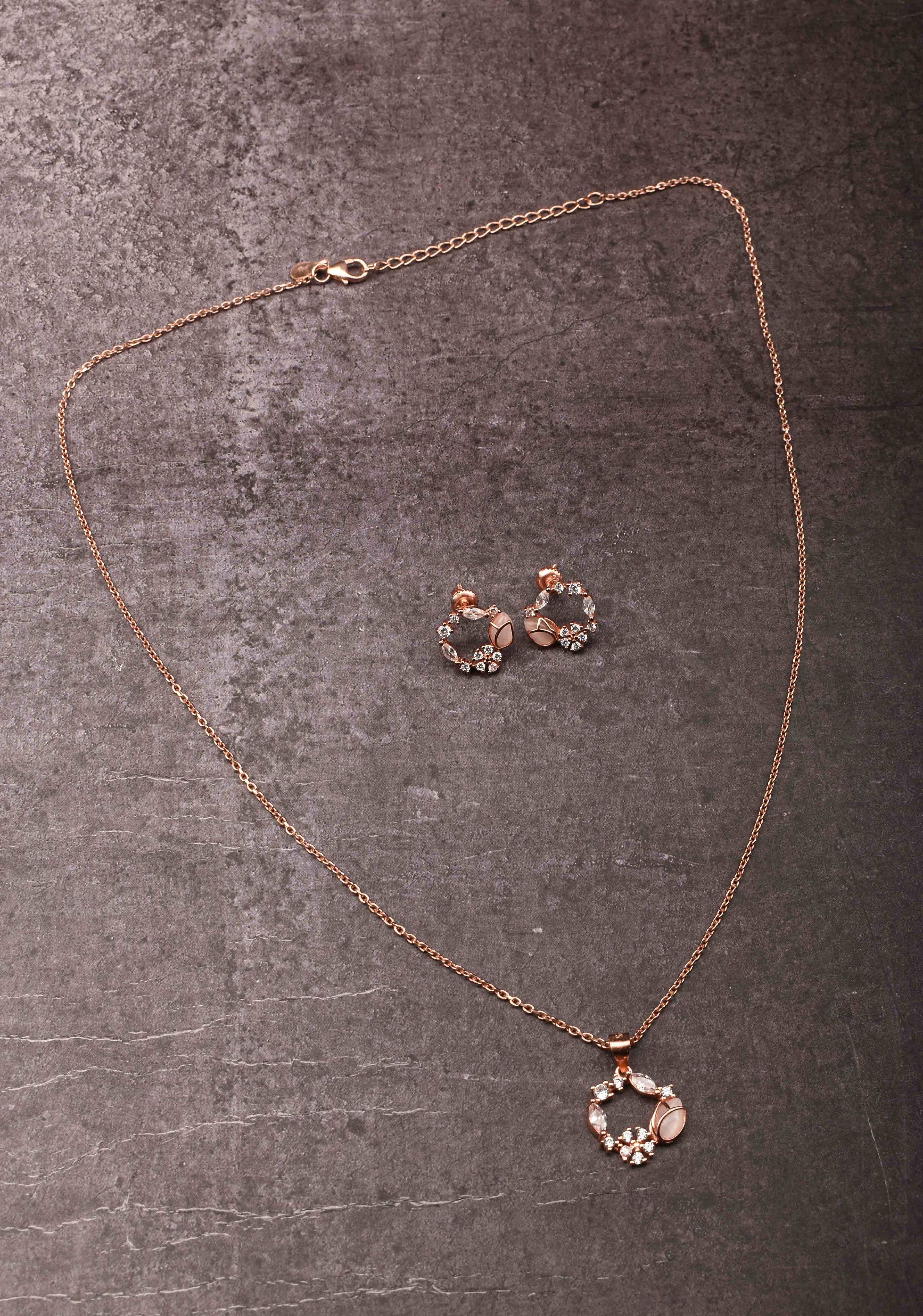 925 silver Pendant and Chain with Earrings in Rose Gold Finish – Subtle Elegance | Shobitam