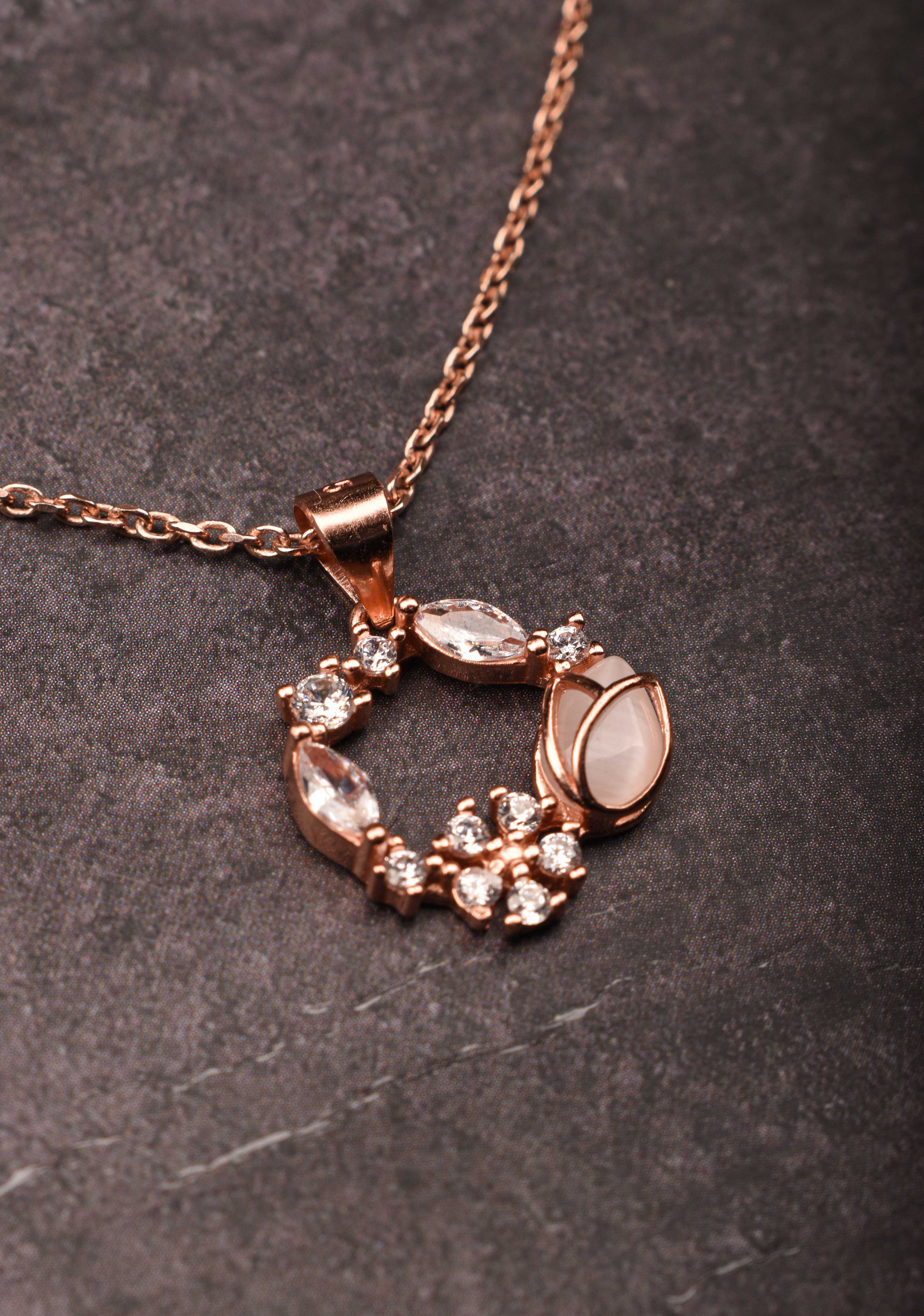 925 silver Pendant and Chain with Earrings in Rose Gold Finish – Subtle Elegance | Shobitam