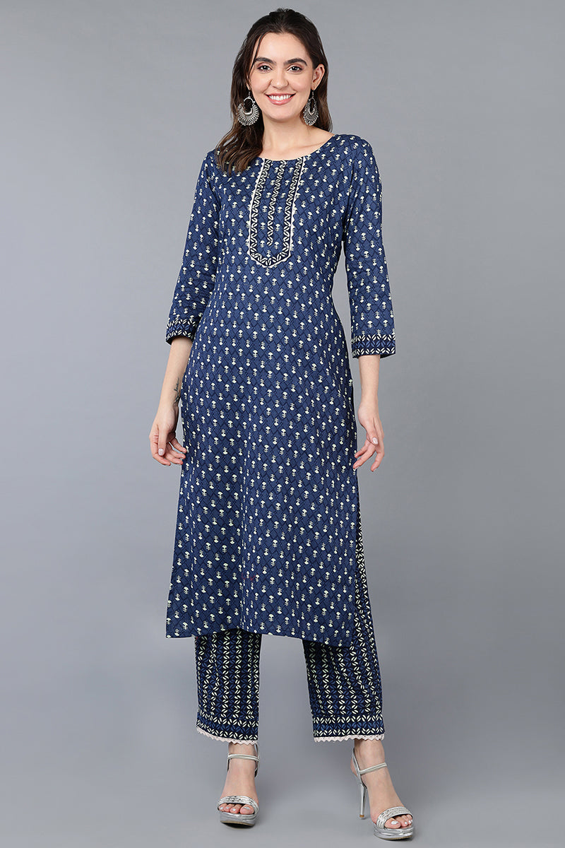 Navy Blue Cotton Straight Kurta Set | SHOBITAM