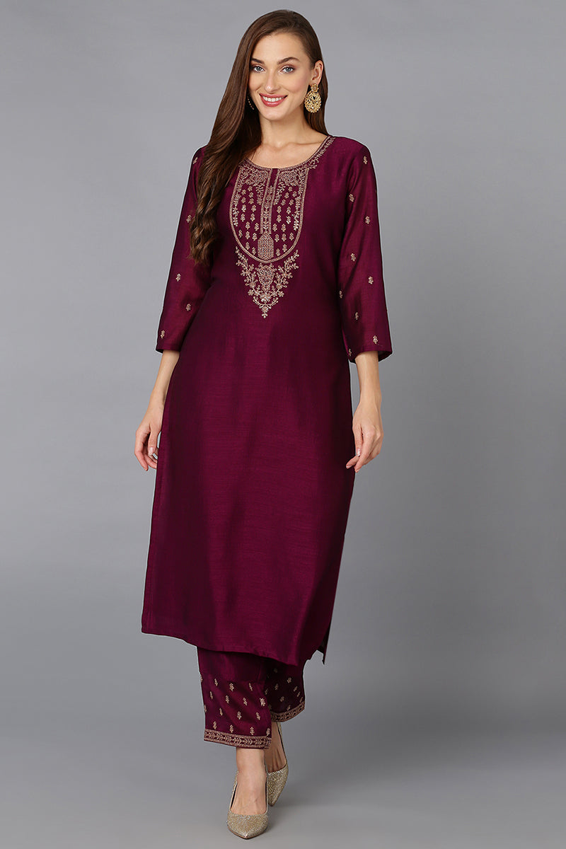 Silk Blend Wine Embroidered Kurta With Pant | SHOBITAM