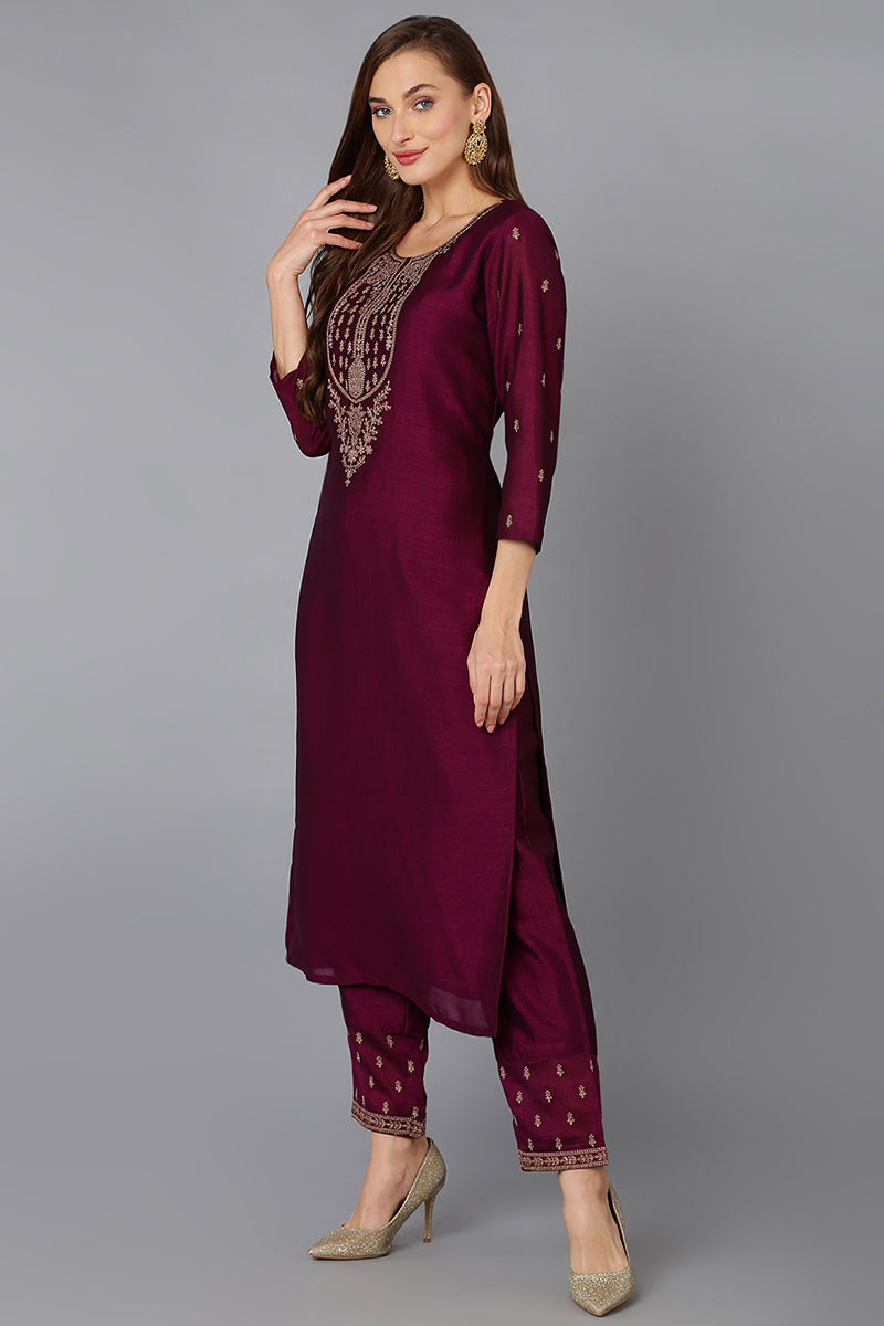 Silk Blend Wine Embroidered Kurta With Pant | SHOBITAM