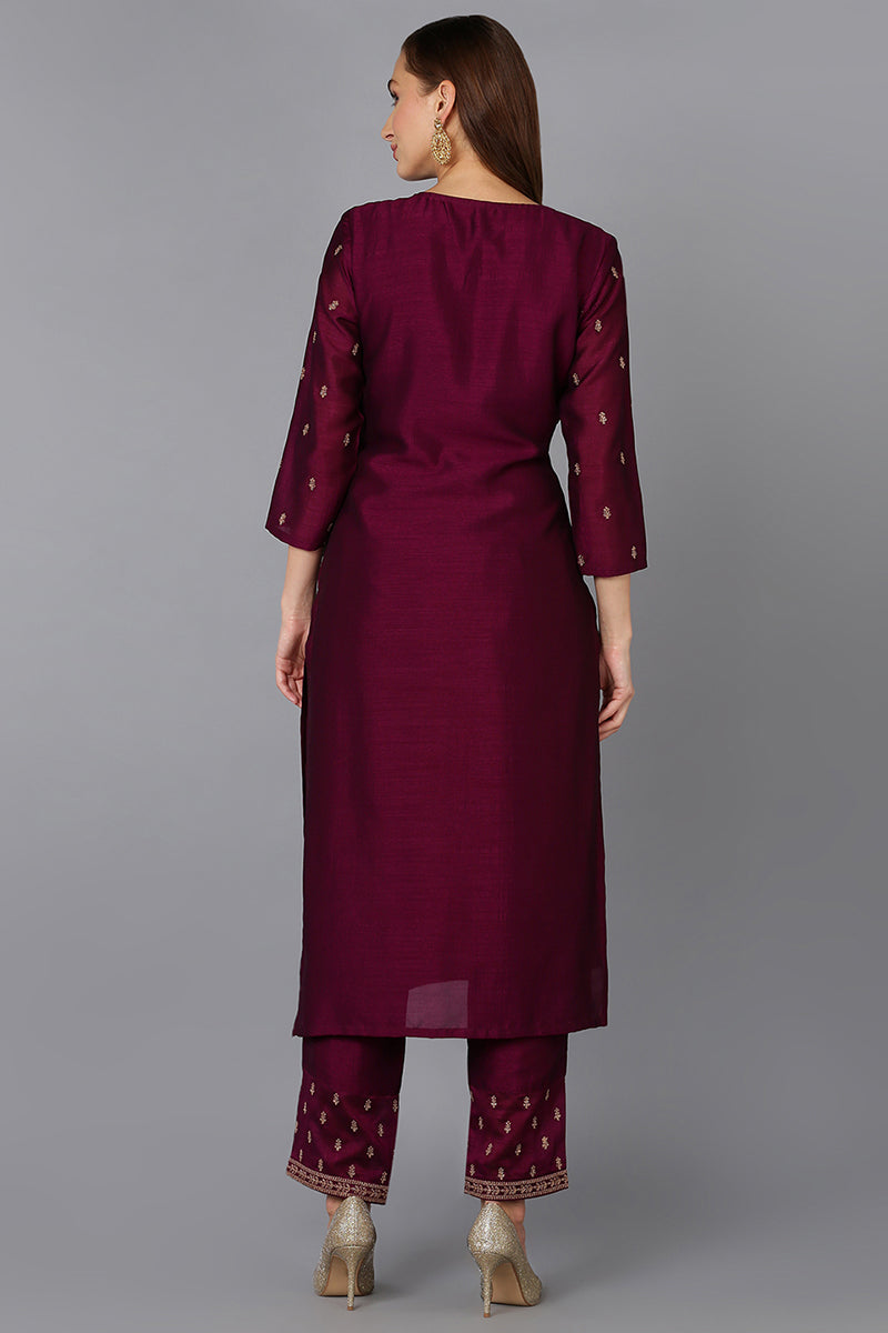Silk Blend Wine Embroidered Kurta With Pant | SHOBITAM