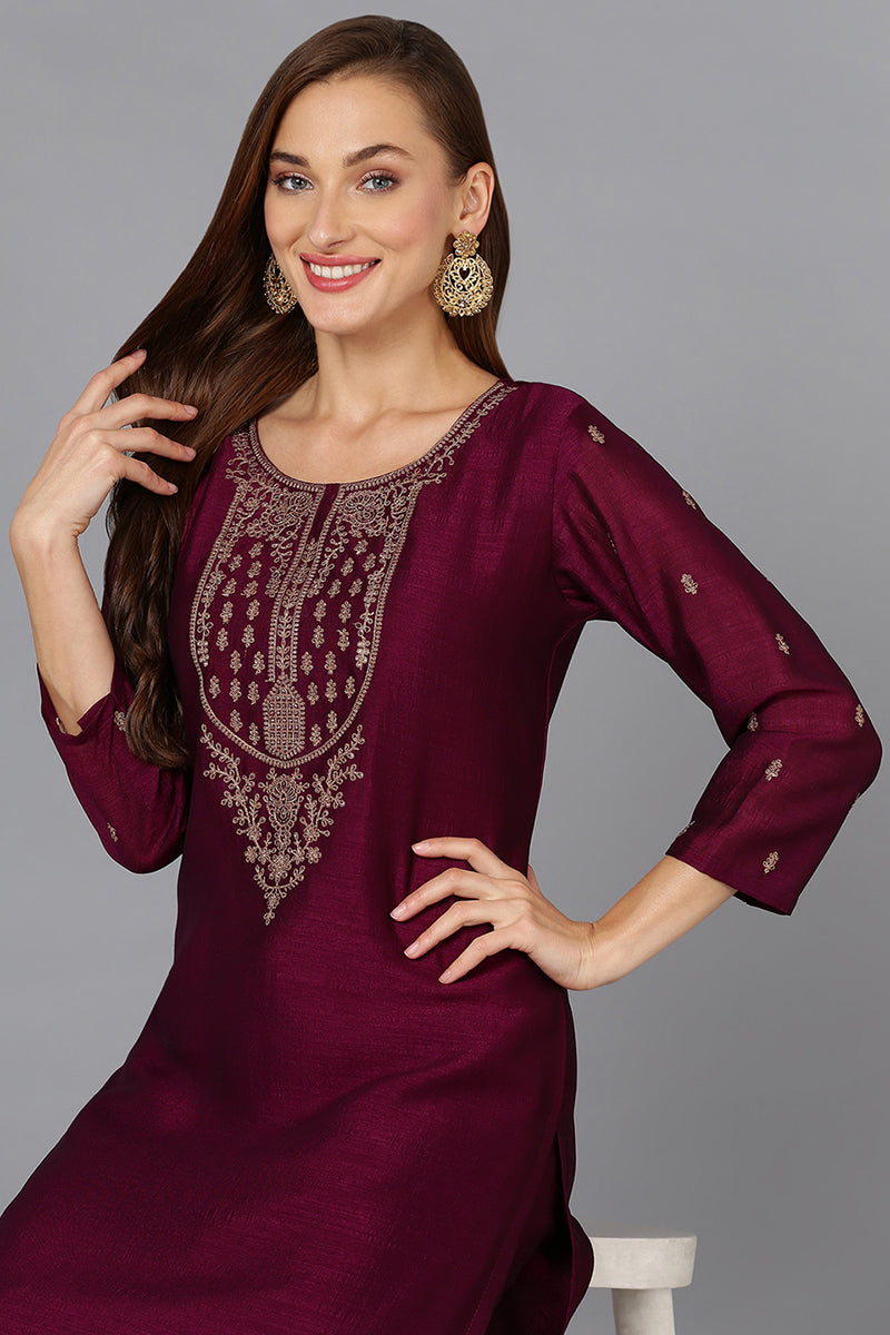 Silk Blend Wine Embroidered Kurta With Pant | SHOBITAM