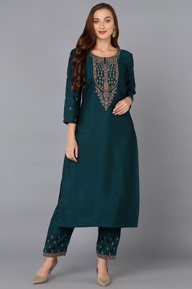 Silk Blend Bottle Green Embroidered Kurta With Pant | SHOBITAM