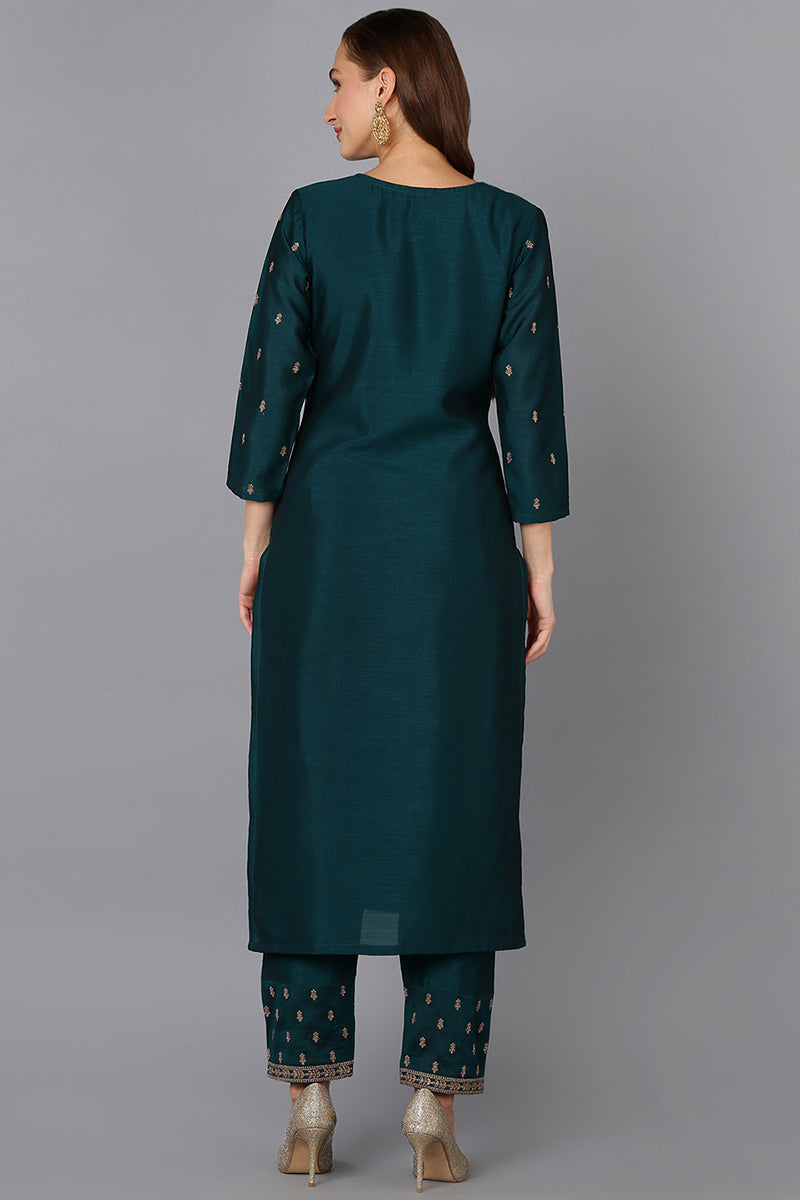 Silk Blend Bottle Green Embroidered Kurta With Pant | SHOBITAM