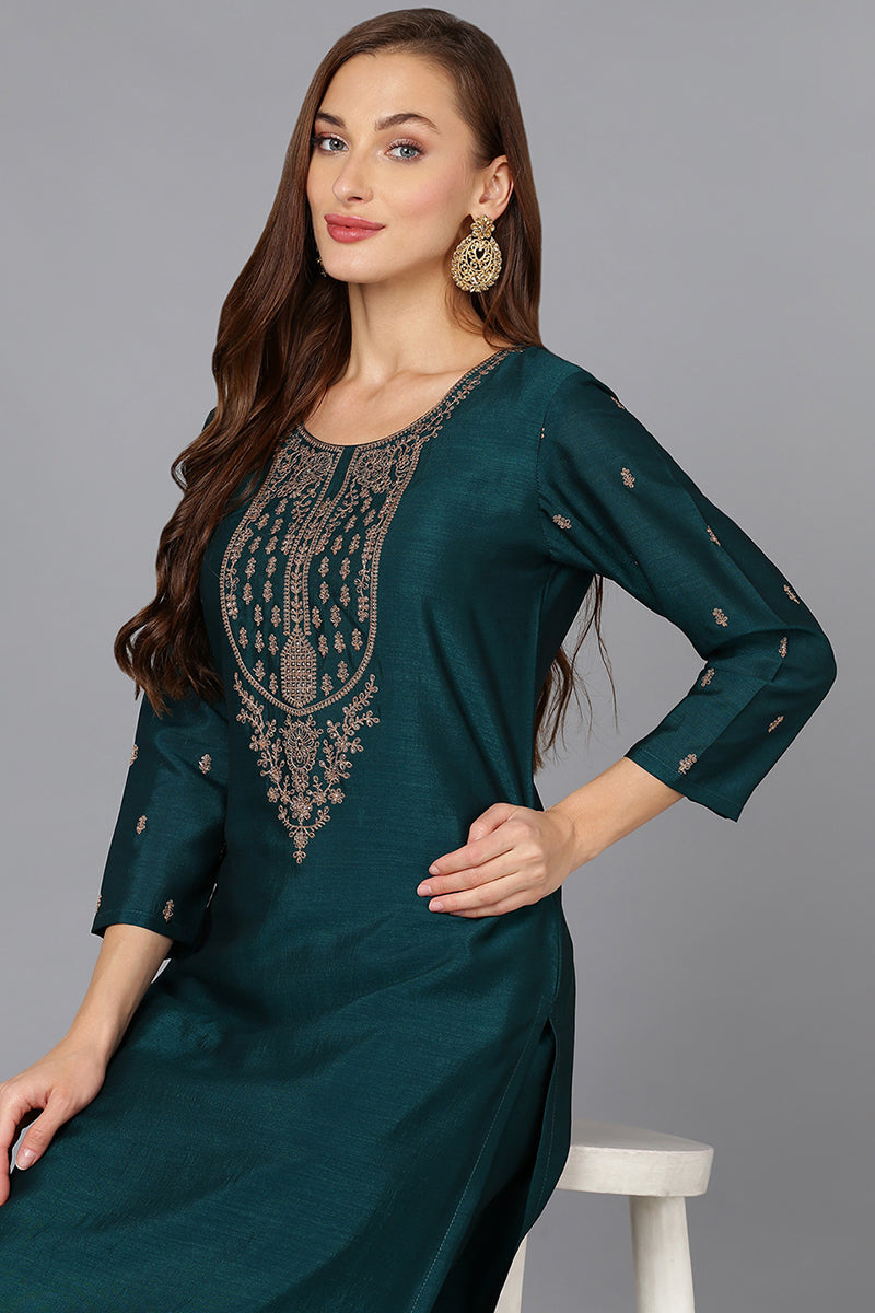 Silk Blend Bottle Green Embroidered Kurta With Pant | SHOBITAM
