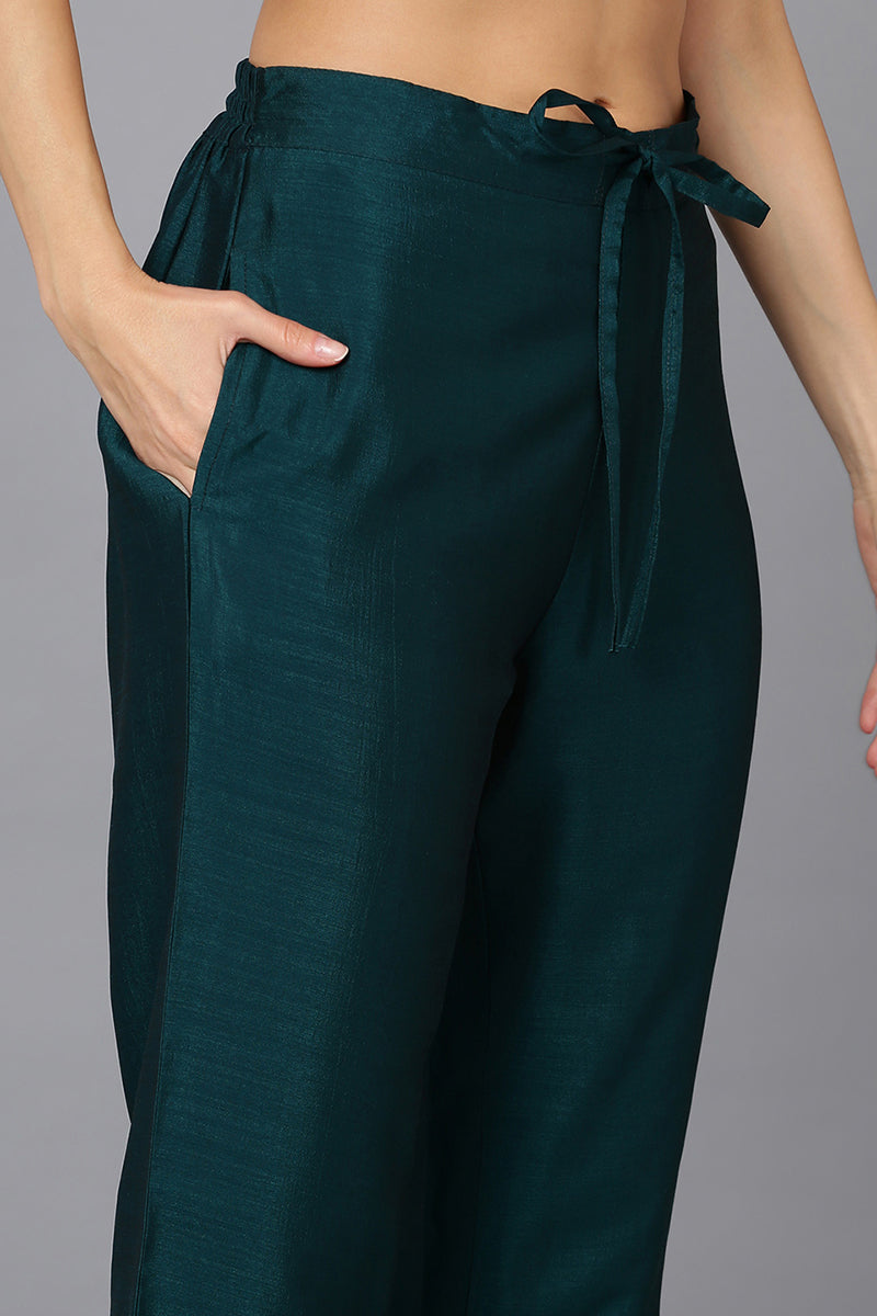 Silk Blend Bottle Green Embroidered Kurta With Pant | SHOBITAM