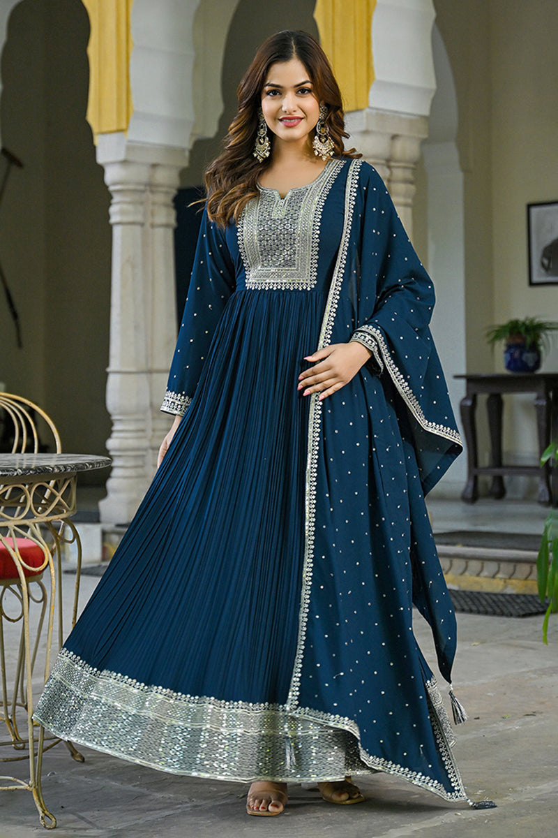 Teal Blue Georgette Solid Yoke Design Anarkali Kurta Dupatta Set | SHOBITAM