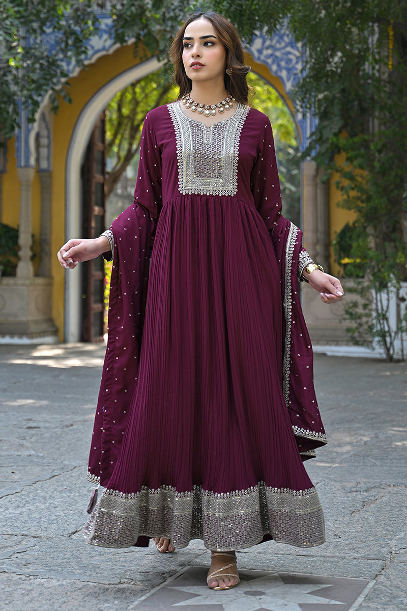 Plus Size Magenta Georgette Solid Yoke Design Sequinned Anarkali Kurta Dupatta Set | SHOBITAM