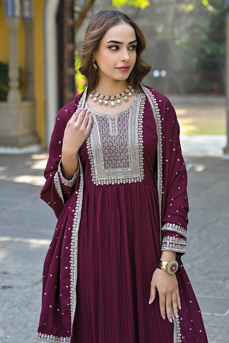 Plus Size Magenta Georgette Solid Yoke Design Sequinned Anarkali Kurta Dupatta Set | SHOBITAM