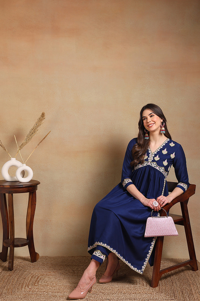 Navy Blue Silk Blend Solid Embroidered Flared Kurta Set | SHOBITAM
