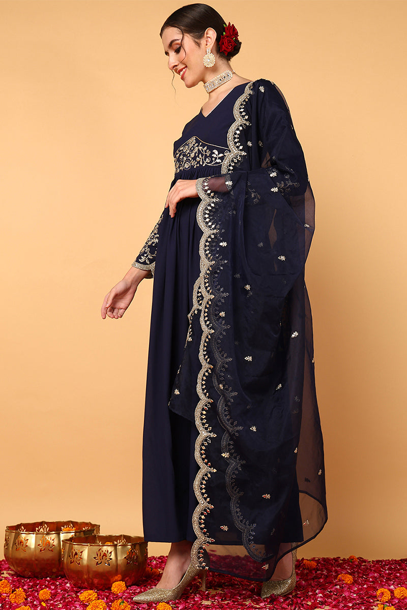 Blue Georgette Embroidered Zari Work Flared Kurta Set | SHOBITAM