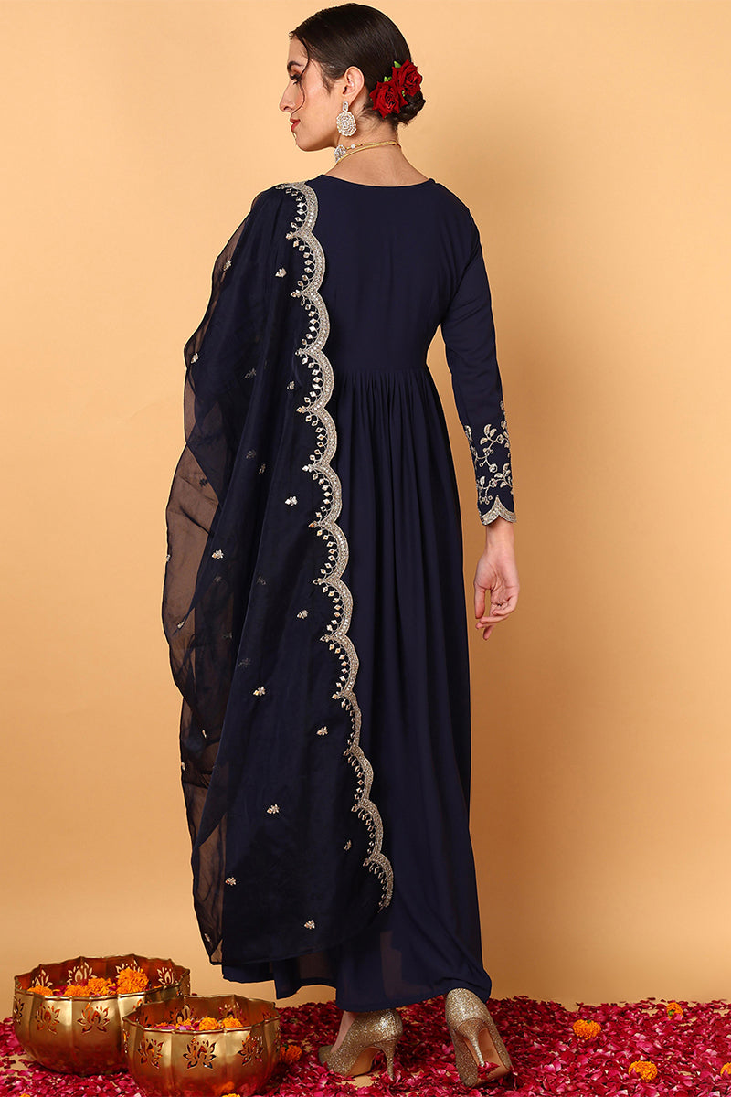 Blue Georgette Embroidered Zari Work Flared Kurta Set | SHOBITAM